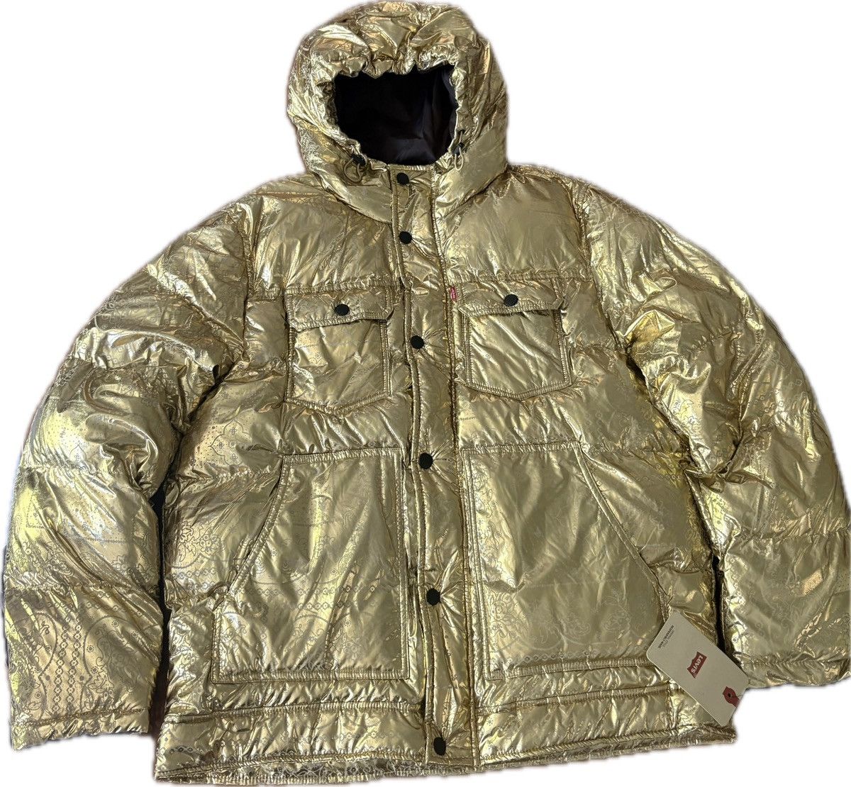 Levi's Metallic Gold Bandana Print Quil Hooded Puffer Jacket