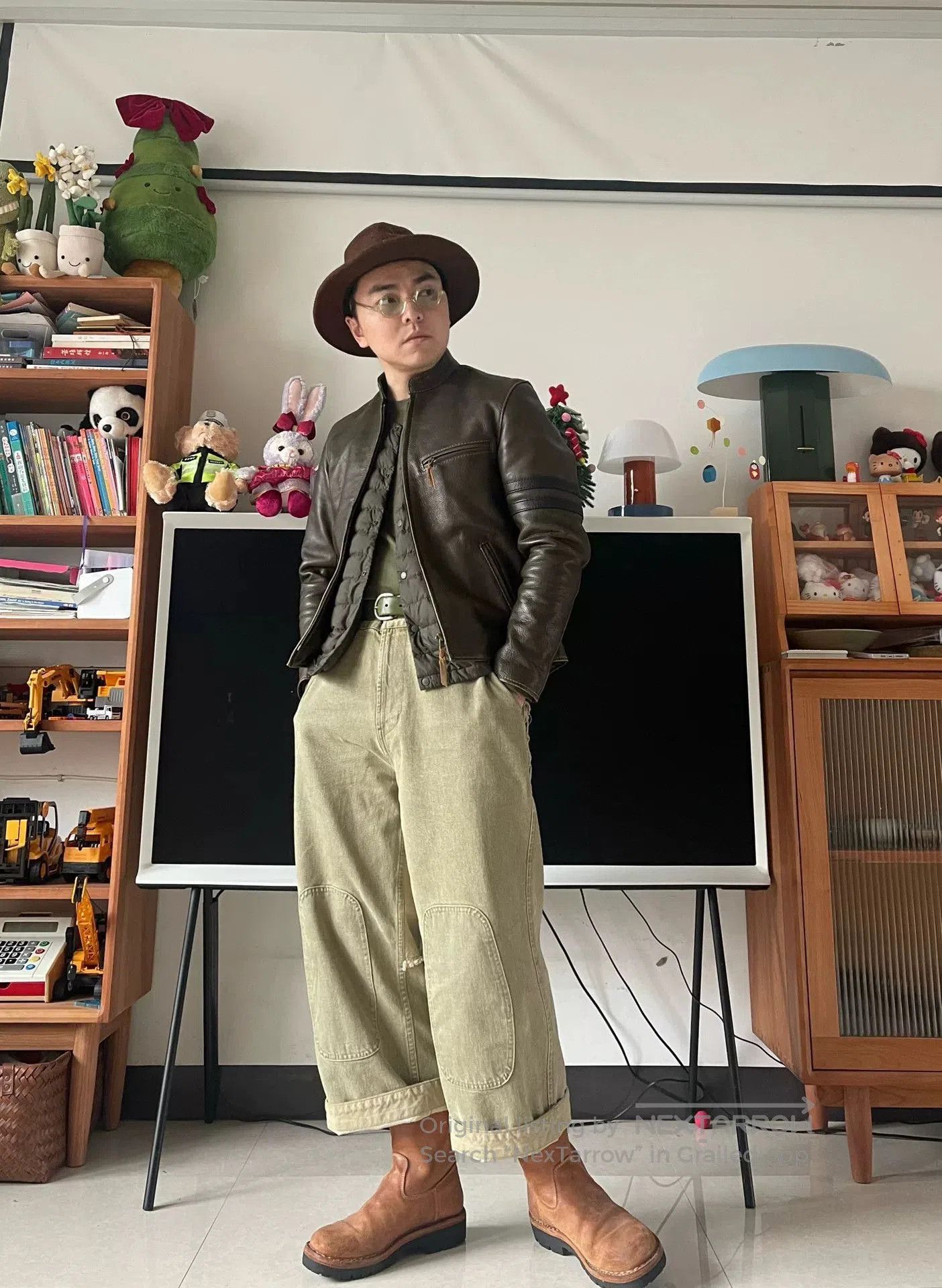 Japanese Brand olive green leather motorcycle jacket. Size US M / EU 48-50 / 2 - 9 Thumbnail