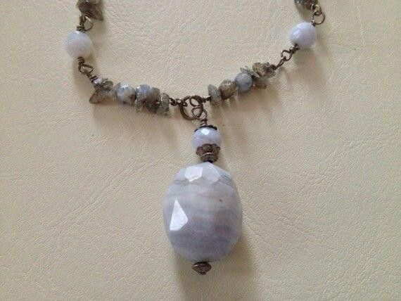 Handmade Silver Rainbow Moonstone Chips Blue Lace Agate Bead Necklace Size ONE SIZE - 1 Thumbnail