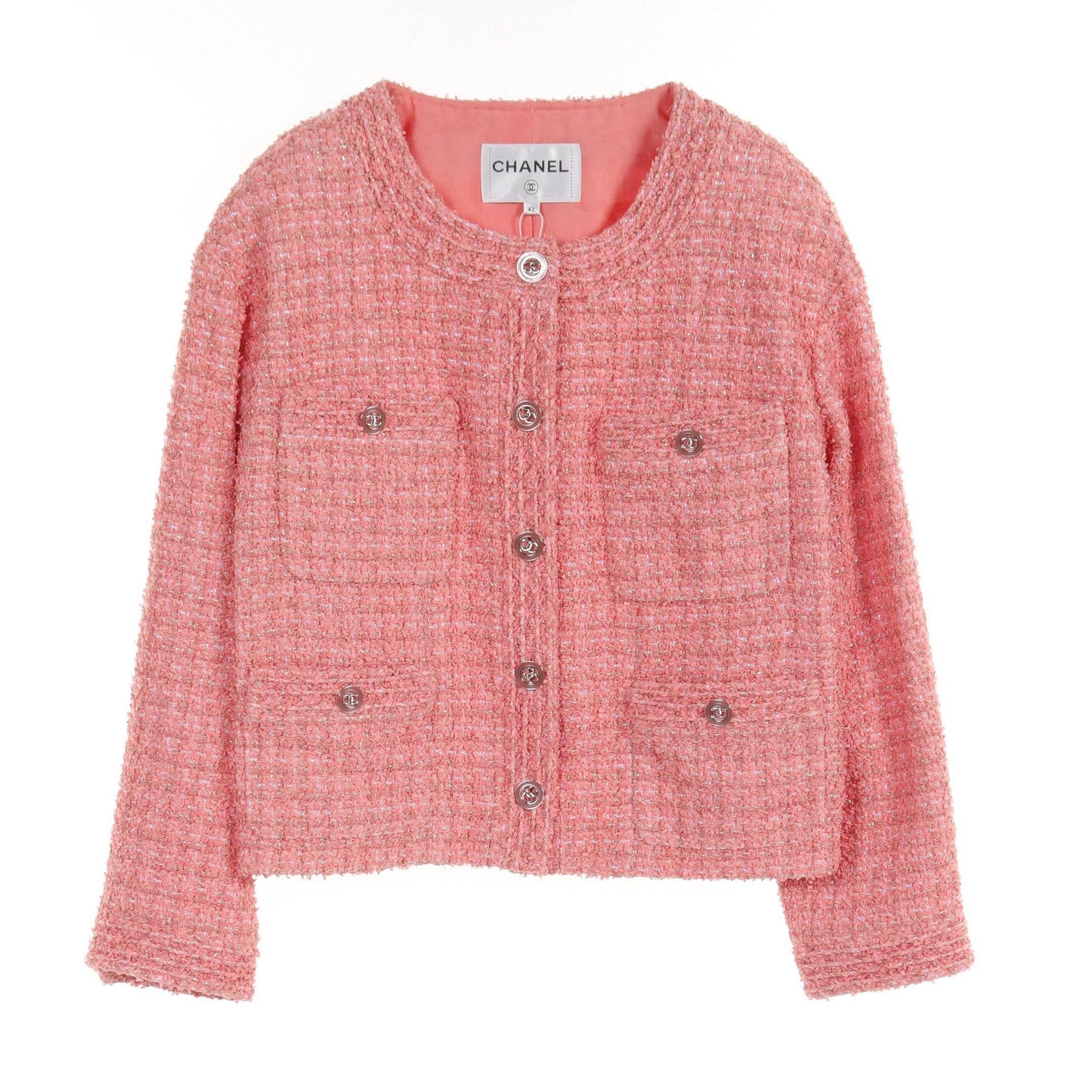 Chanel Chanel Cocomark Button Tweed No-Collar Jacket Nylon Cotton Coral Pink Size ONE SIZE - 1 Thumbnail