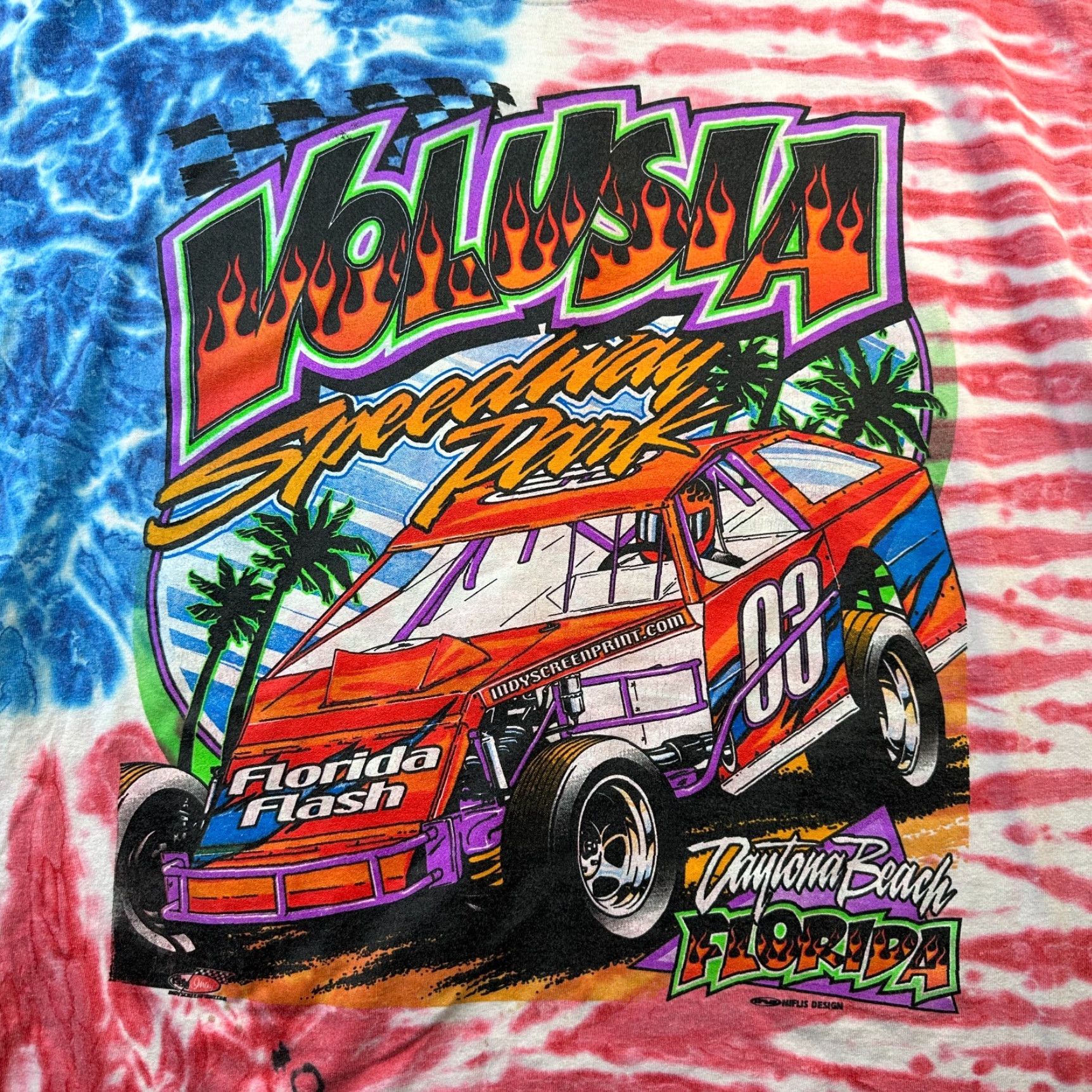 Fruit Of The Loom VINTAGE Fruit of the Loom Racing Shirt Mens XL Orange All Over Print Graphic Tie Dye T-Shirt Cars Grunge 90s Mens Size US XL / EU 56 / 4 - 4 Thumbnail