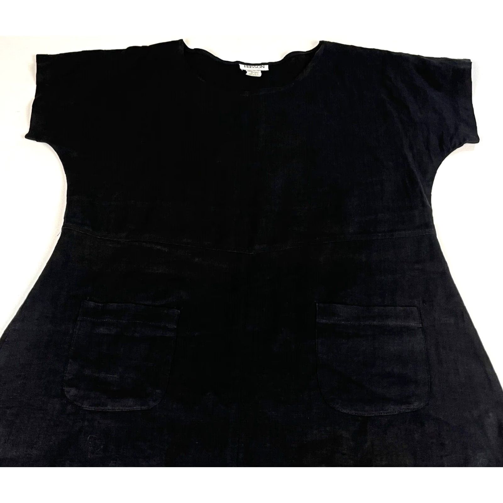 Vintage VINTAGE Frisson Women's Linen Midi Dress Short Sleeve Made in USA Sz L Black Pockets 90s Bohemian A-Line Casual Modern Classics Womens Size 36" / US 14 / IT 50 - 7 Thumbnail