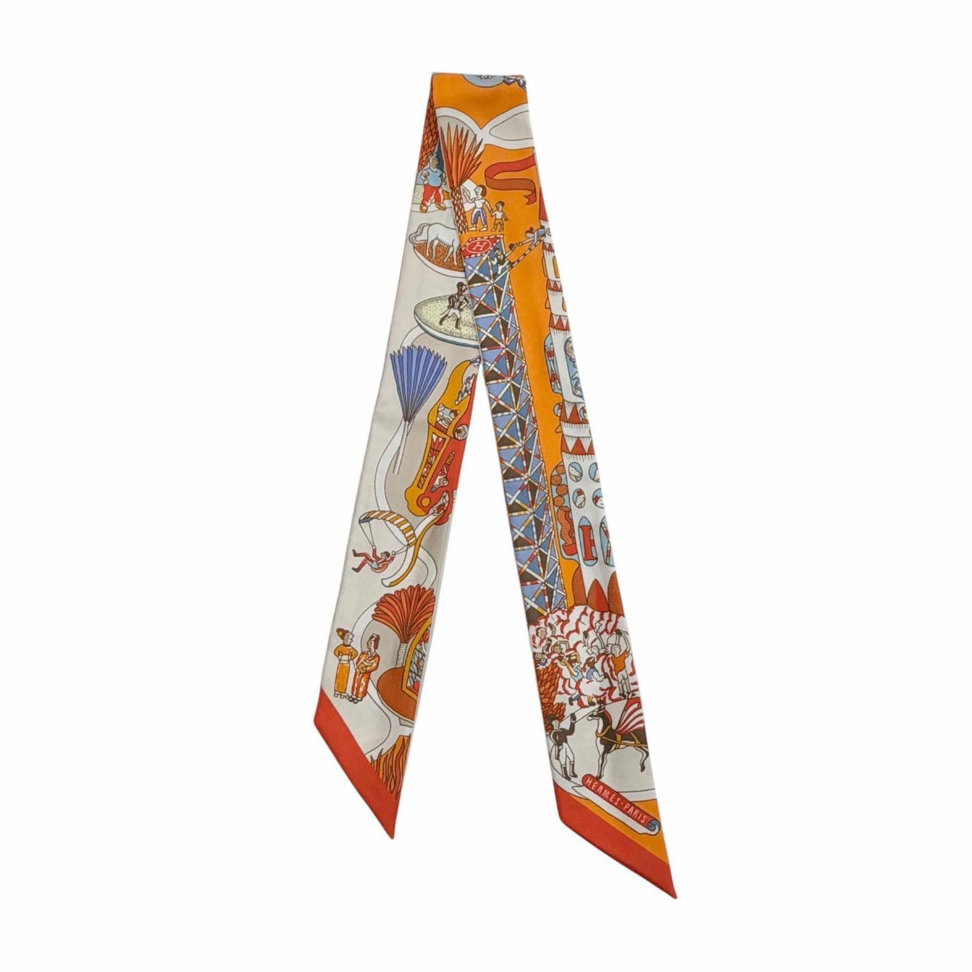 Hermes HERMES Twilly Exposition Universelle (World's Fair) 100% Silk Orange Ciel Brick Scarf/Muffler - Made in France Women's Size ONE SIZE - 1 Thumbnail