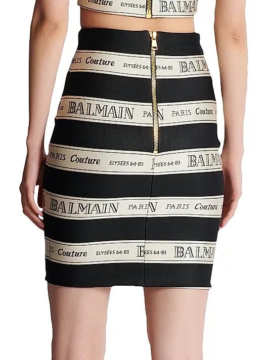Balmain o1s1wg111225 Logo Striped Jacquard Miniskirt in Black/Beige Size 28" / US 6 / IT 42 - 4 Thumbnail