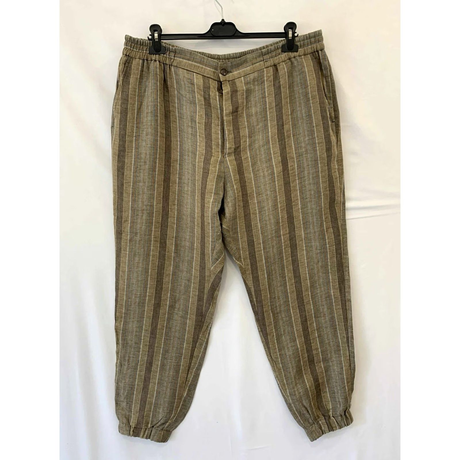 Etro Etro Milano Men’s Linen Striped Trousers Pants XL Brown Beige Blue Stripes 100% Linen Made in Italy Relaxed Elastic Hem 58 XL Threaded "P4" Size US 36 / EU 52 - 3 Thumbnail
