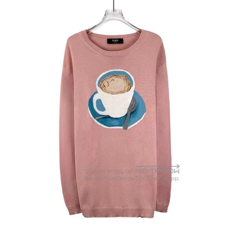 Fendi Fendi Pink Coffee Intarsia Cotton Sweater. Size US L / EU 52-54 / 3 - 1 Thumbnail