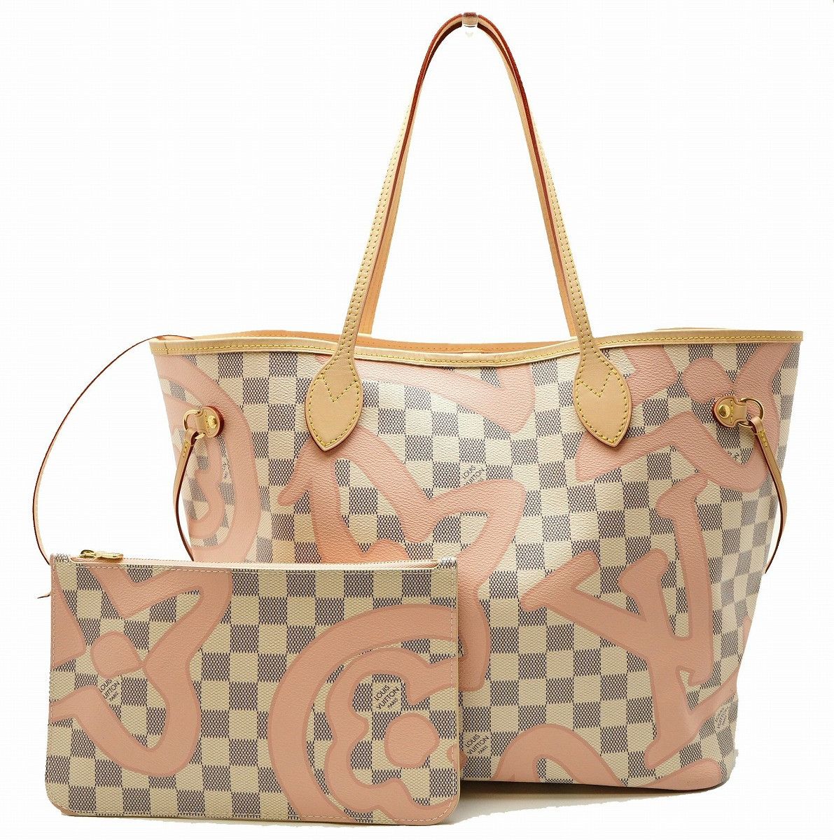 image of Louis Vuitton Damier Azur Graffiti Neverfull Mm Rose Ballerine in White, Women's