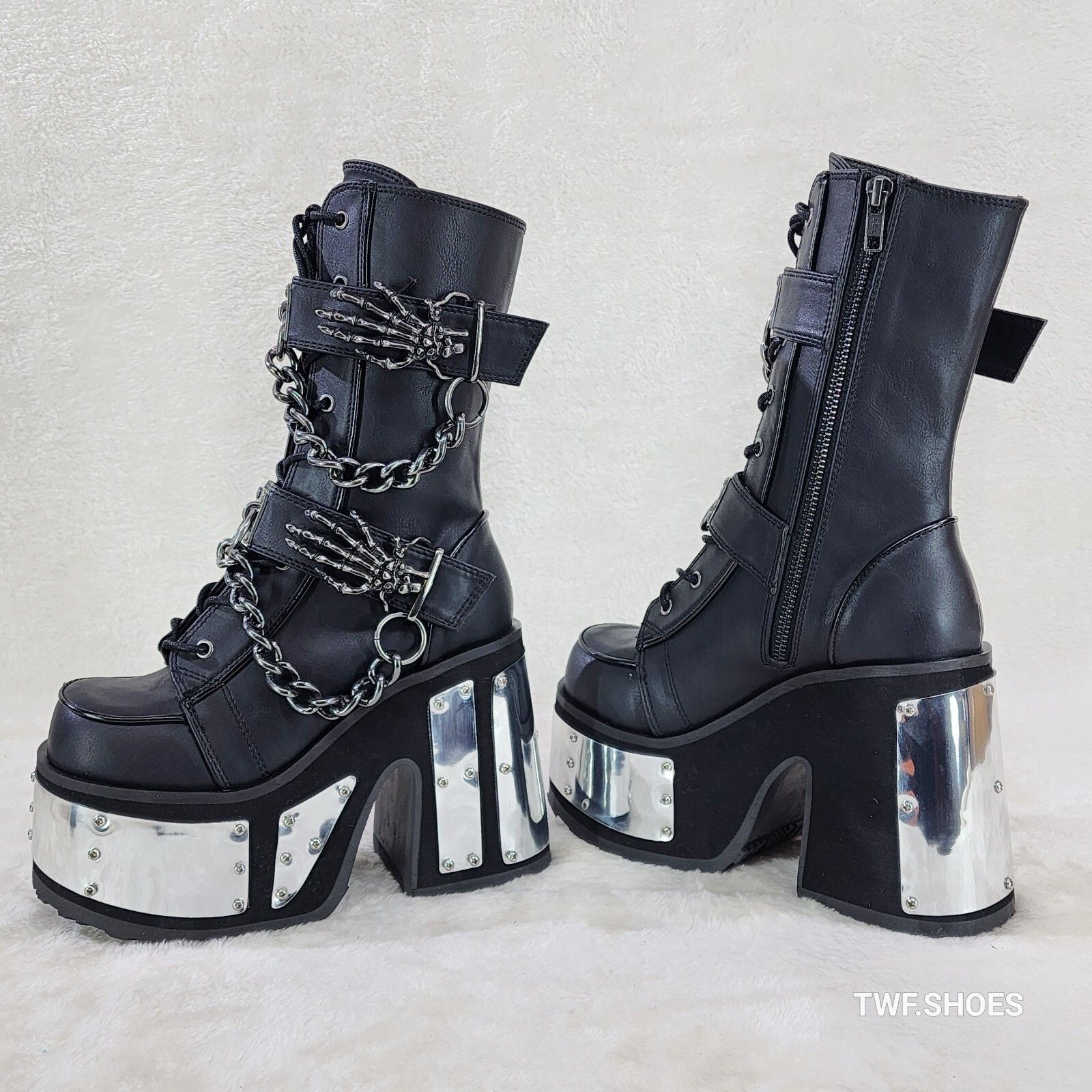 Demonia Cult DEMONIA Camel 120 Goth Punk Mid Calf Platform Boots Skeleton Size US 6 / IT 36 - 2 Thumbnail