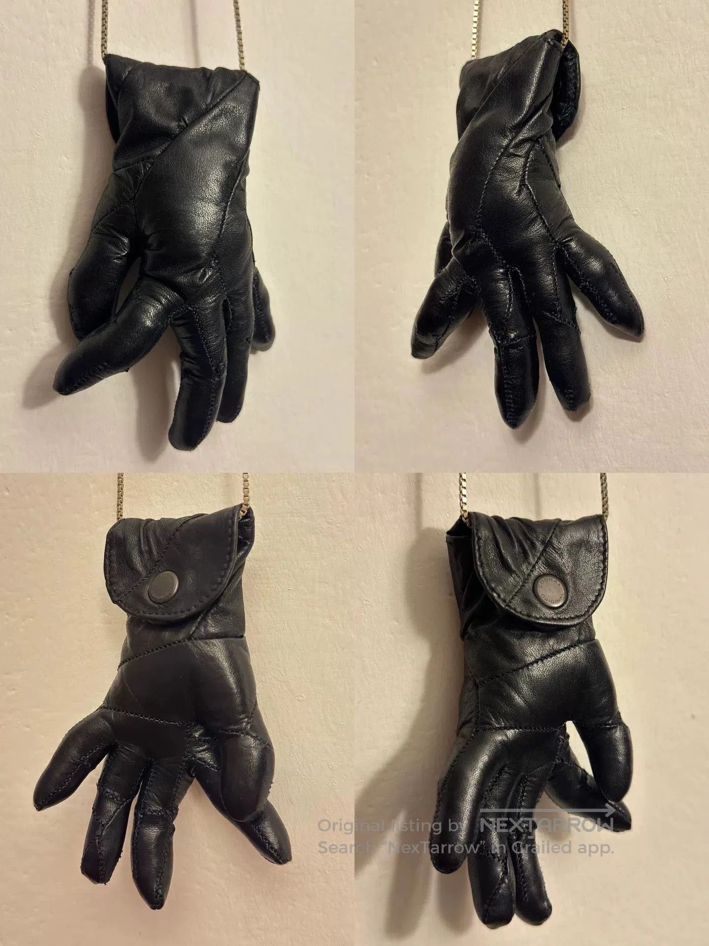 black leather avant-garde glove necklace bag.