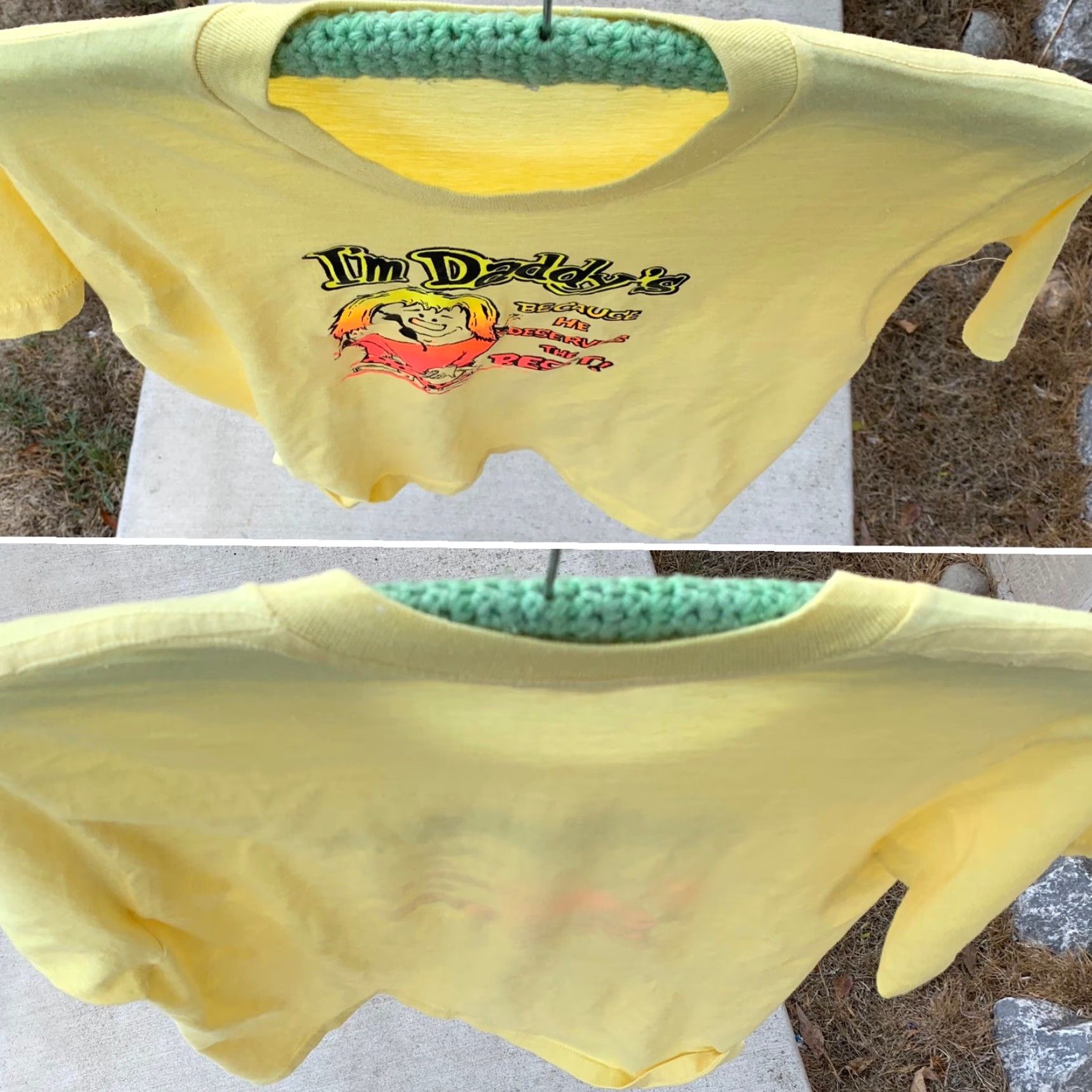 Fruit Of The Loom VINTAGE Im Daddys Because He Deserves The Best iron on graphics t shirt 1970s L Fruit of the Loom Yellow Neon graphic tee Mens Womens Boys Girls 1970s Size US L / EU 52-54 / 3 - 3 Thumbnail