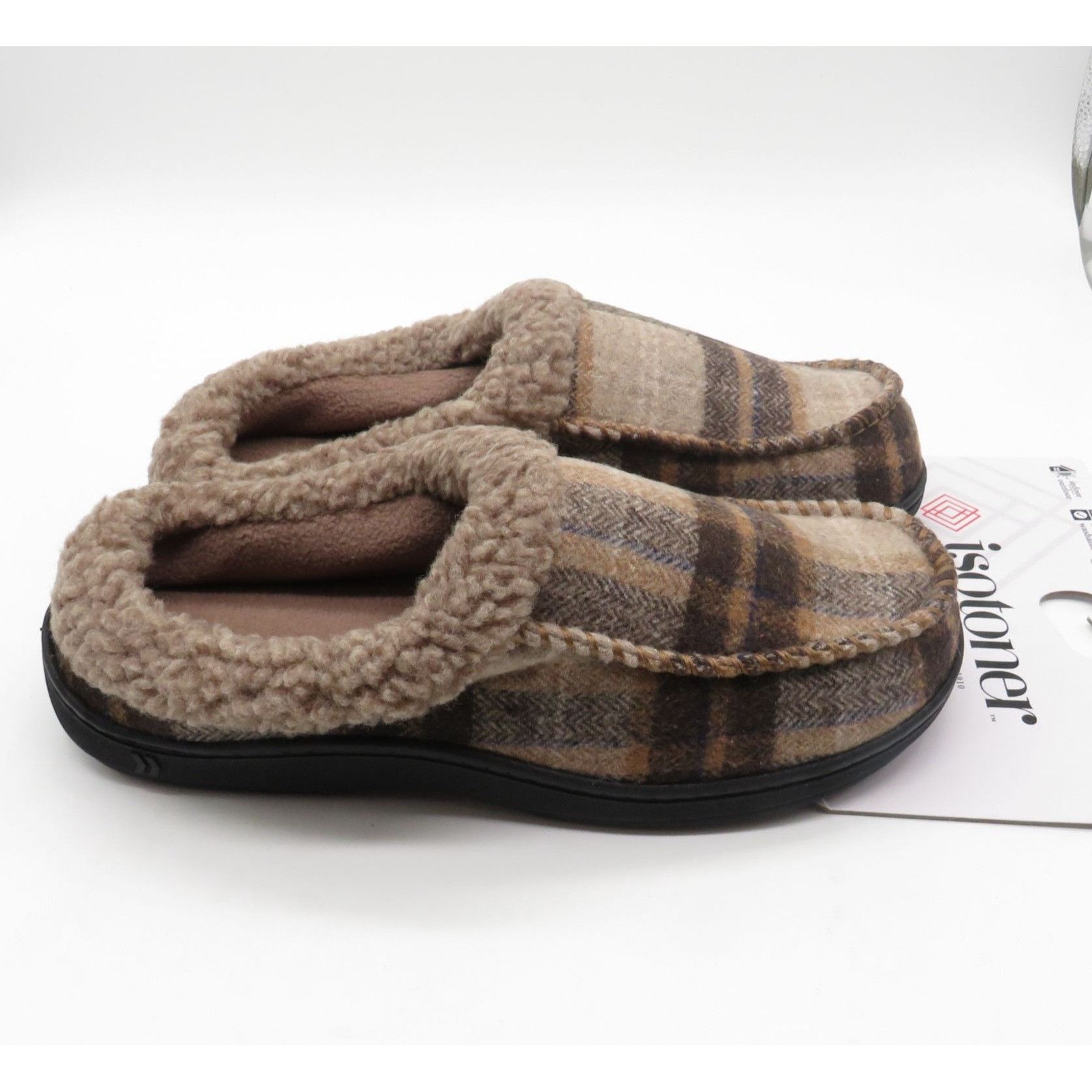 Isotoner Mens Plaid Memory Foam Slippers Indoor/Outdoor Sole
