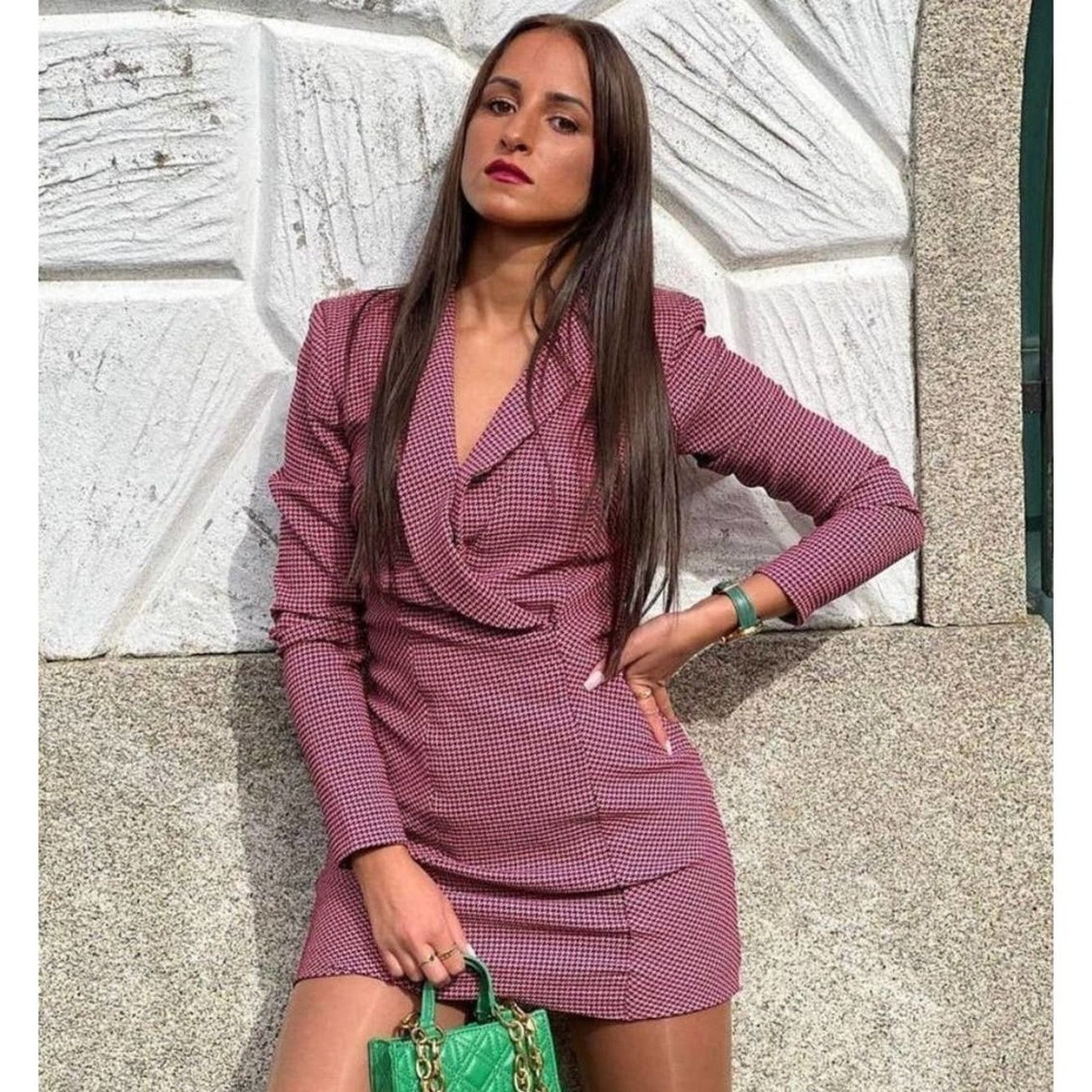 Zara ZARA BLOGGER FAVORITE HOUNDSTOOTH BLAZER DRESS NEON PINK Size L / US 10 / IT 46 - 4 Thumbnail