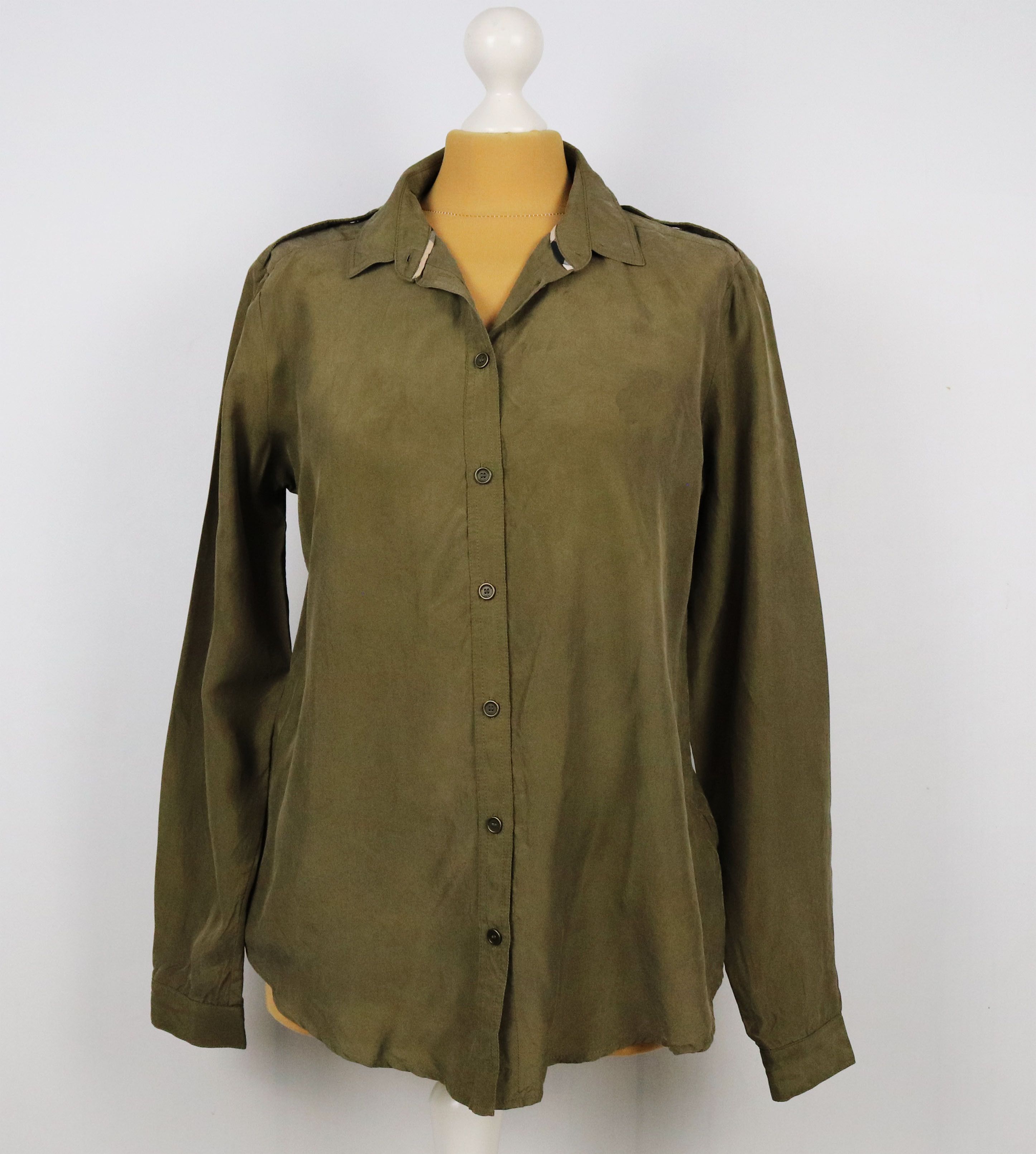image of Burberry Women's Khaki 100% Silk Shirt ! (Size Medium)