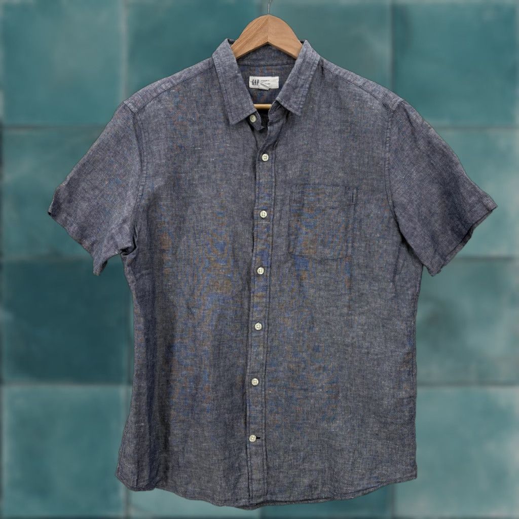 Gap Gap Shirt Mens Medium Blue Chambray Linen Cotton Short Sleeve Standard Fit Chore Button-Up Shirt Size US M / EU 48-50 / 2 - 1 Thumbnail