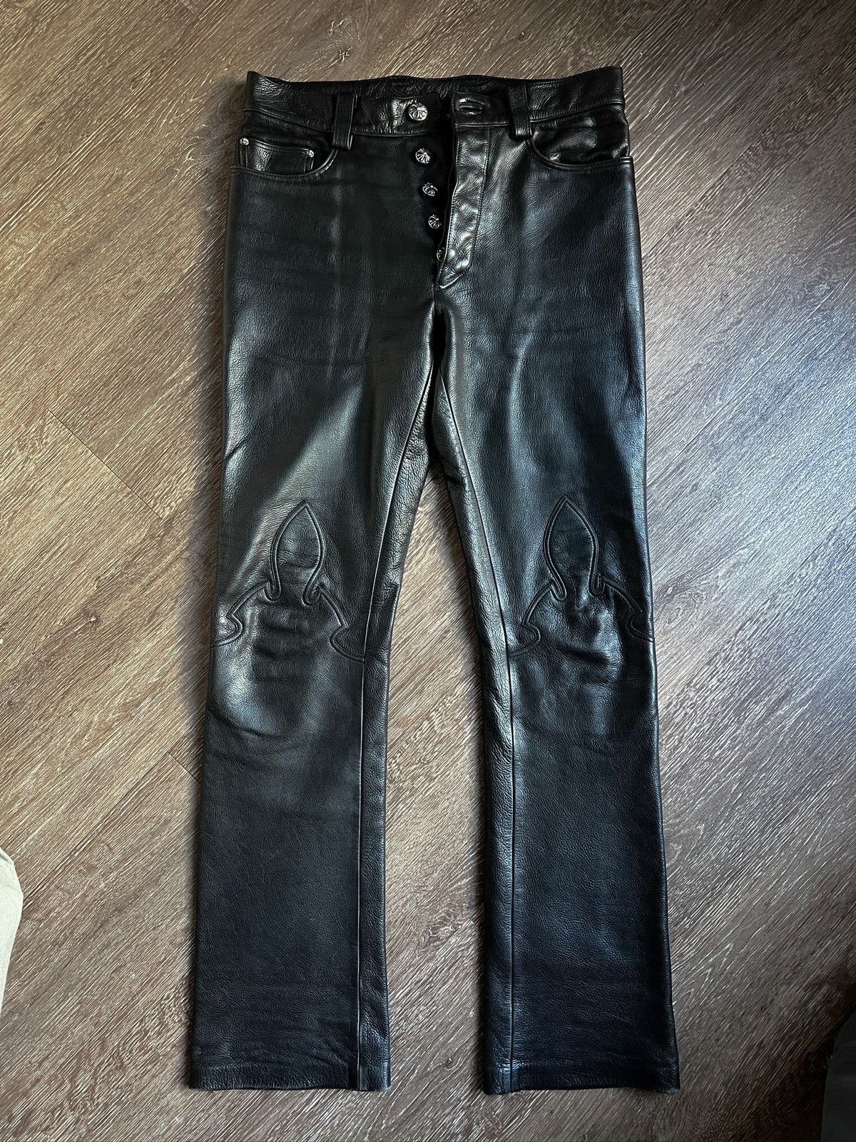 image of Chrome Hearts 1993 Leather Fleur Knee Pants in Black, Men's (Size 31)