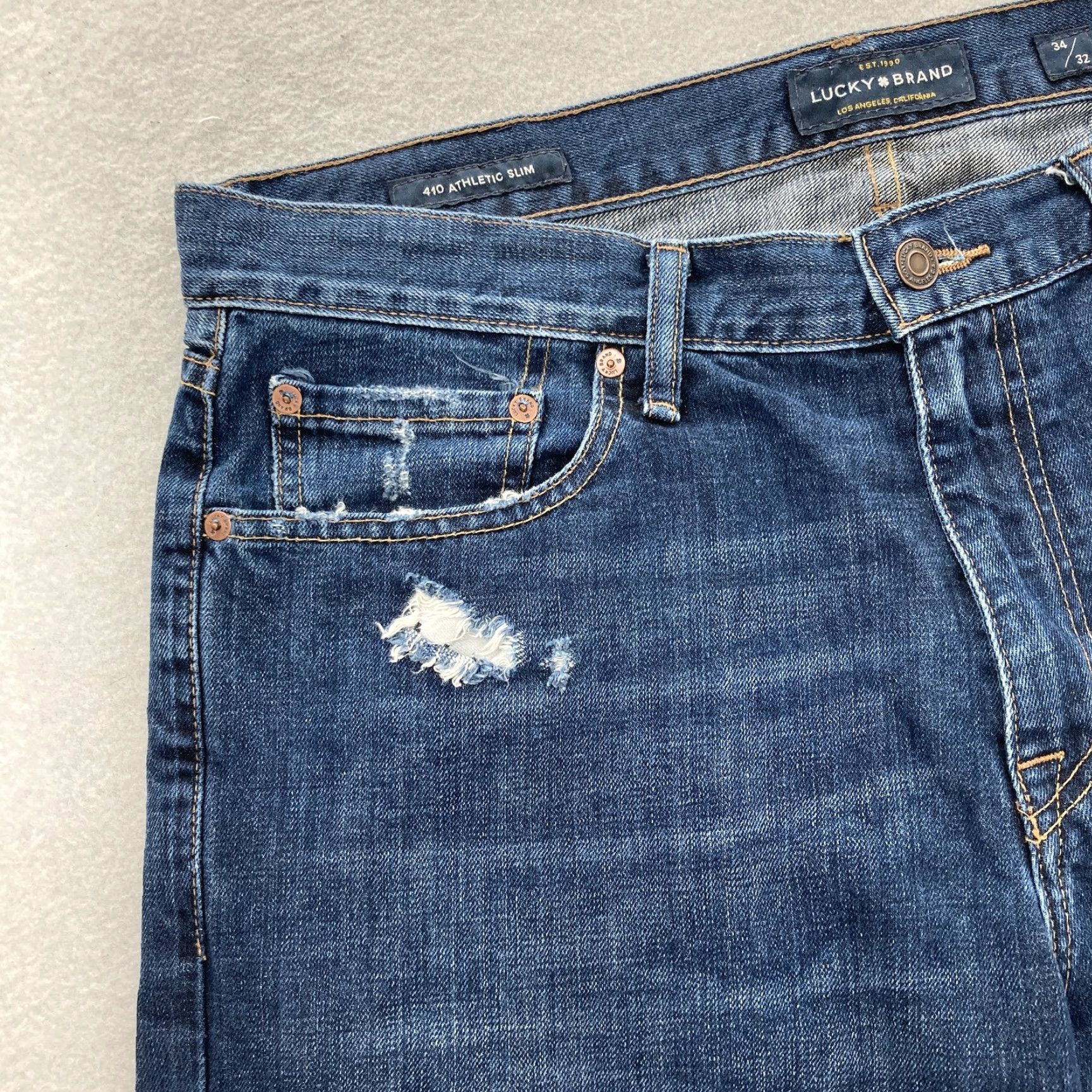 Lucky Brand Lucky Brand Jeans Mens 34x32 410 Athletic Slim Dark Wash Blue Distressed Denim Jeans Size US 34 / EU 50 - 3 Thumbnail