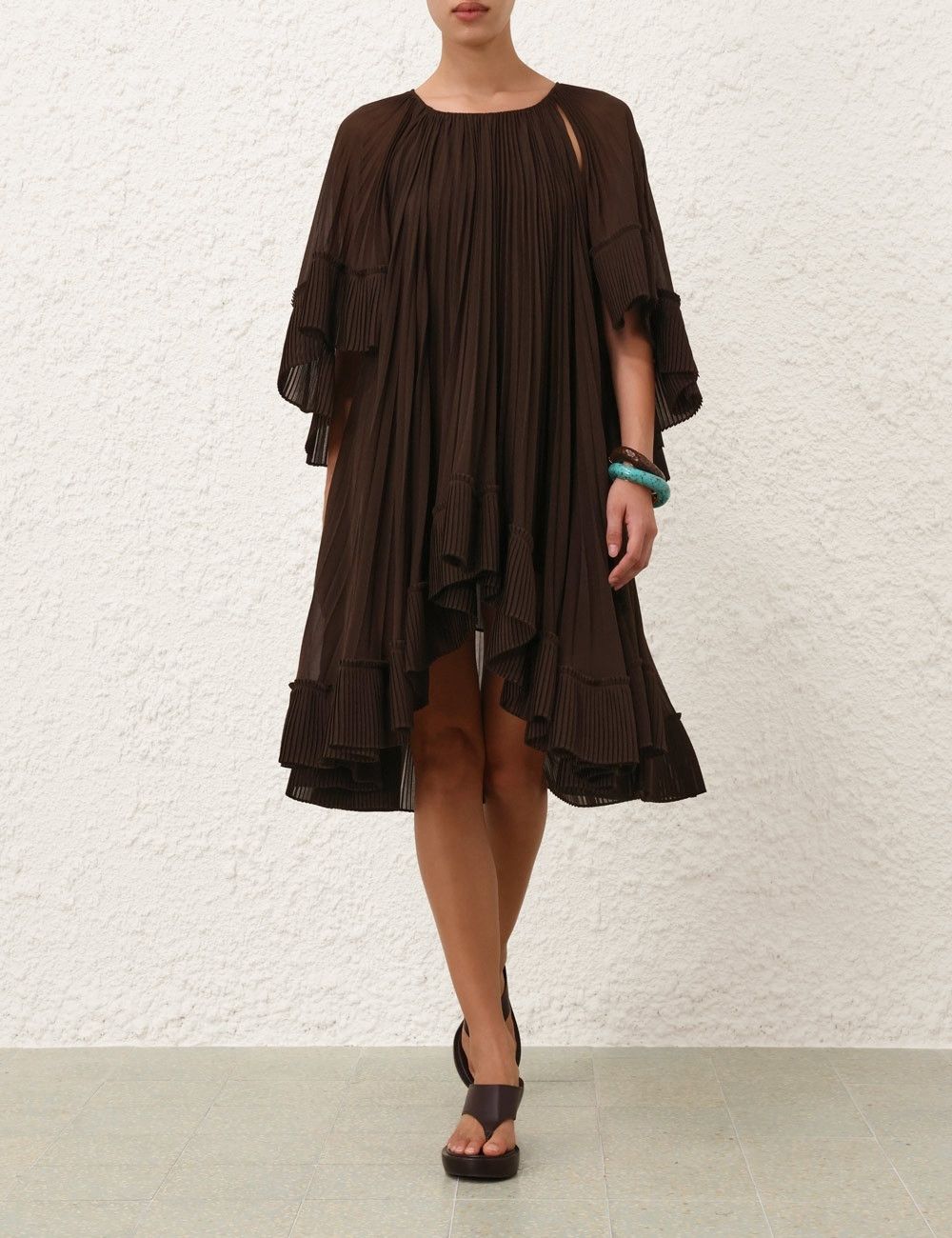 oc11z0226 Illuminate Pleated Cape Mini Dress Chocolate Brown