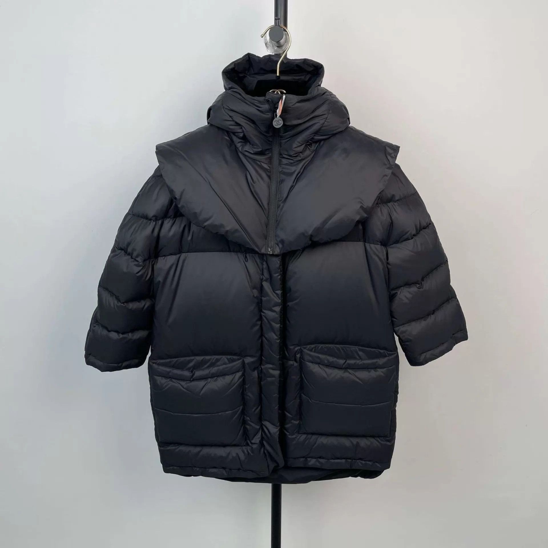 Chanel black poly waist cinch puffer jacket 34