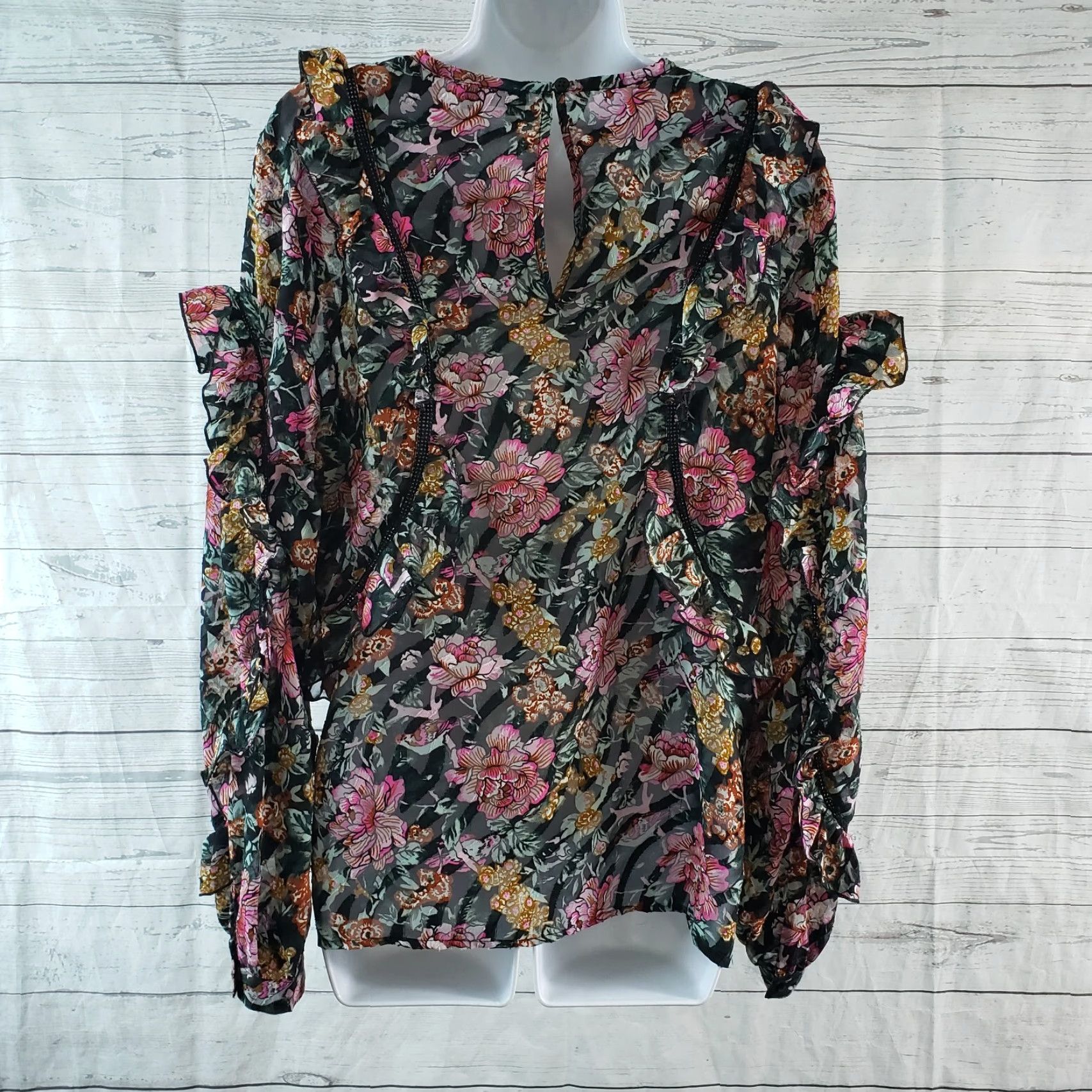 Topshop Topshop Womens Blouse Size 12 Pink Green Floral Ruffle Sheer Long Sleeve Shirt Womens Size XL / US 12-14 / IT 48-50 - 4 Thumbnail
