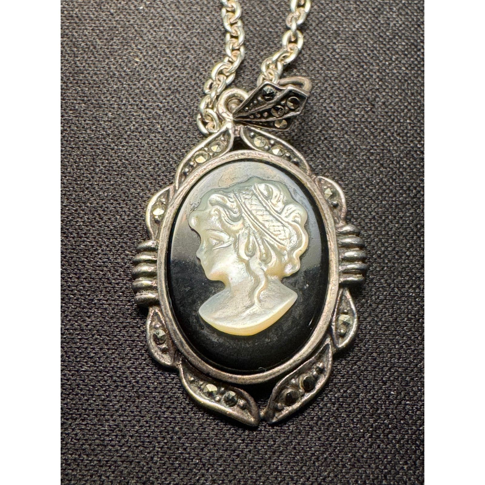 Other 925 Italy Sterling Silver MOP Onyx Marcasite Cameo Necklace Size ONE SIZE - 1 Thumbnail