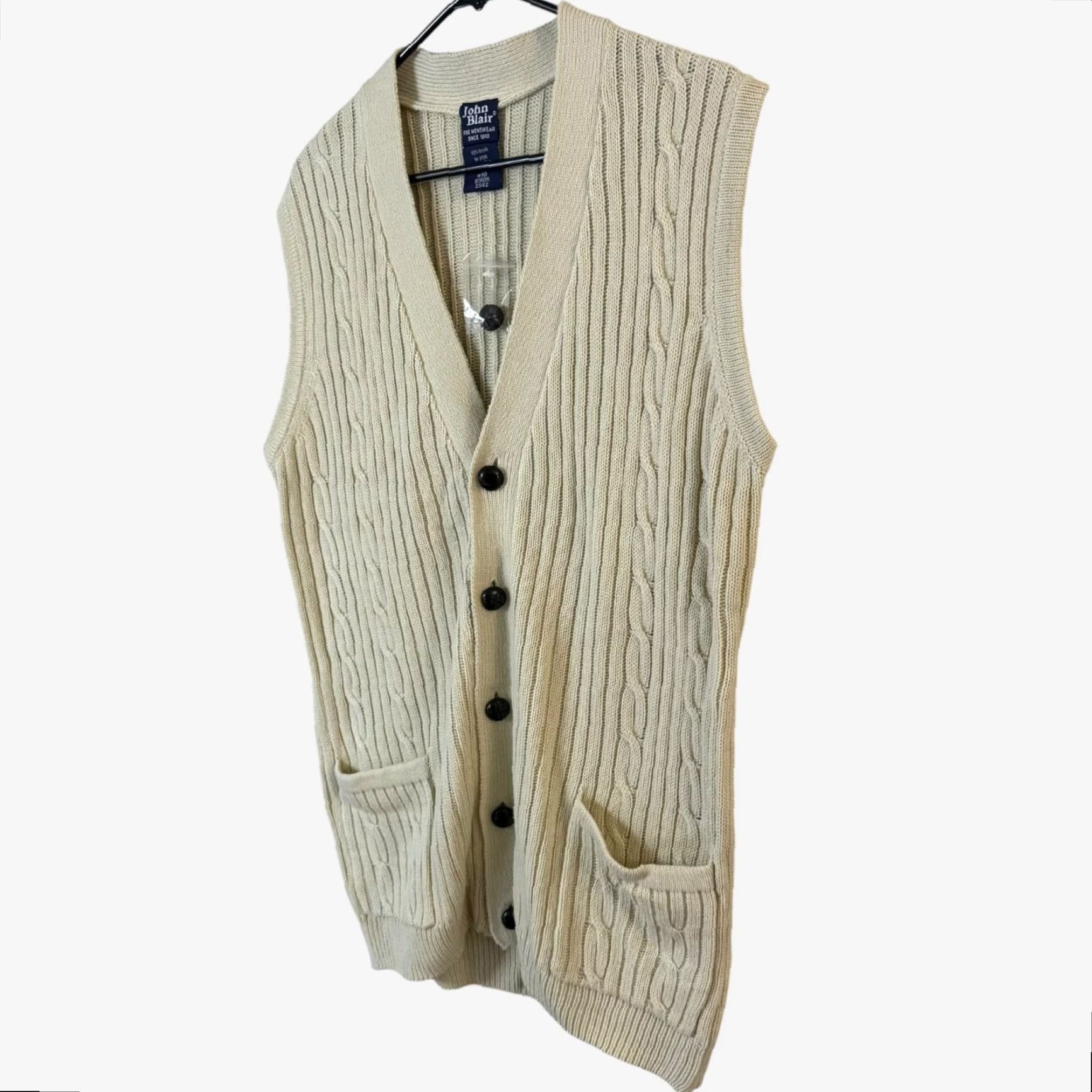 Blair VINTAGE John Blair Cable Knit Sweater Vest Button-Up V-Neck Cream Men's Medium Size US M / EU 48-50 / 2 - 2 Thumbnail