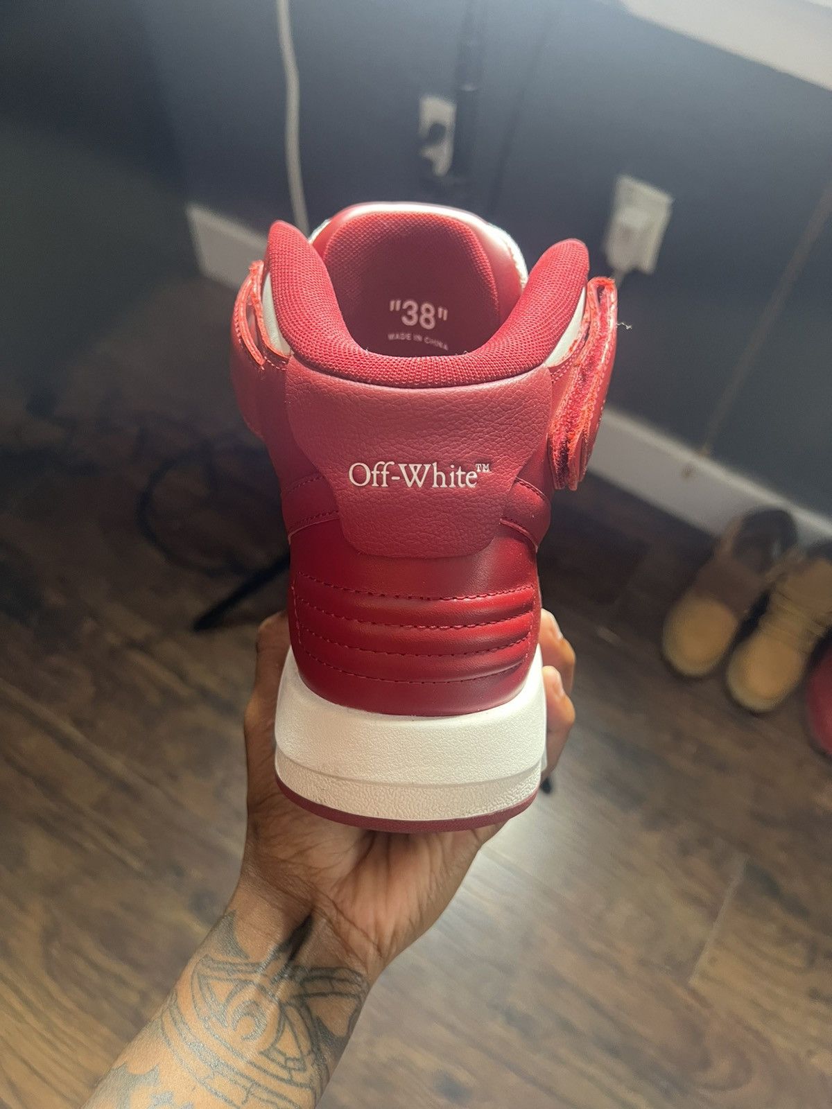 Red and white out of office OFF- white hi top sneaker