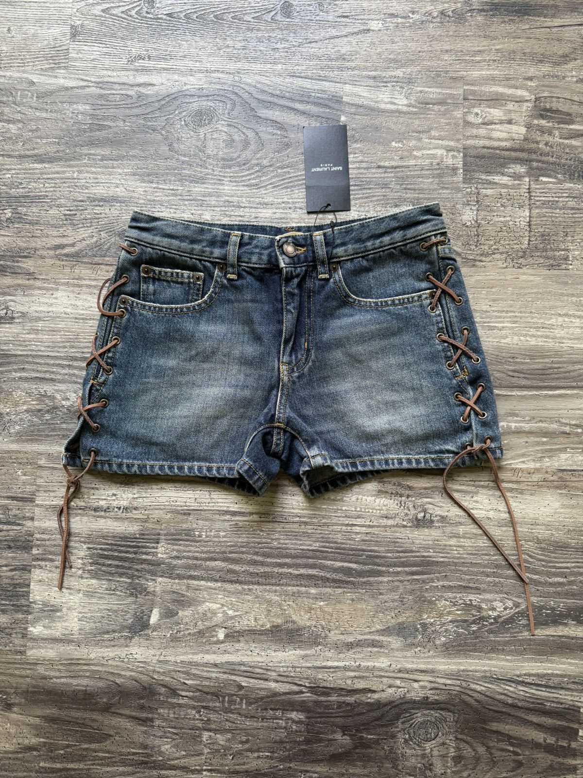 Saint Laurent Paris Saint Laurent Paris Leather Lace-Up Denim Short Size 26" / US 2 / IT 38 - 1 Thumbnail