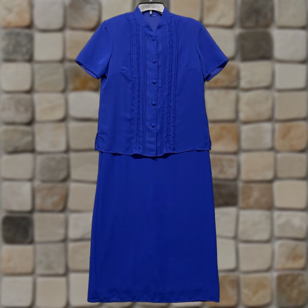 Vintage VINTAGE Studio 1 2-pc Dress Set Women's Sz 8 Royal Blue Button Zip Closure Shoulder Pads Midi Dress Shirt Dress Size M / US 6-8 / IT 42-44 - 1 Thumbnail