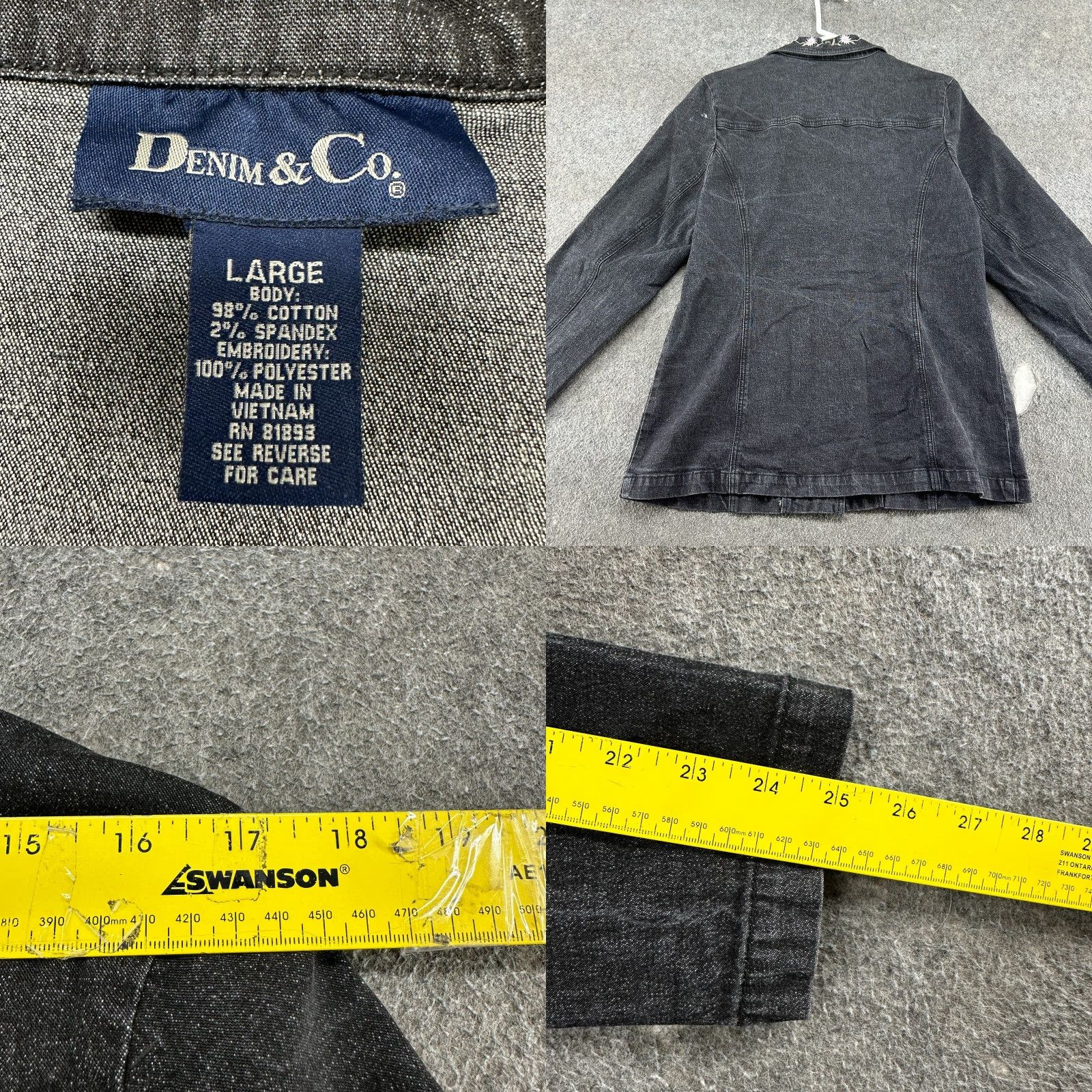 Denim & Co. VINTAGE Denim & Co Jacket Womens L Black Denim Coat Mid-Length Dark Wash 90s Biker Size 36" / US 14 / IT 50 - 8 Thumbnail