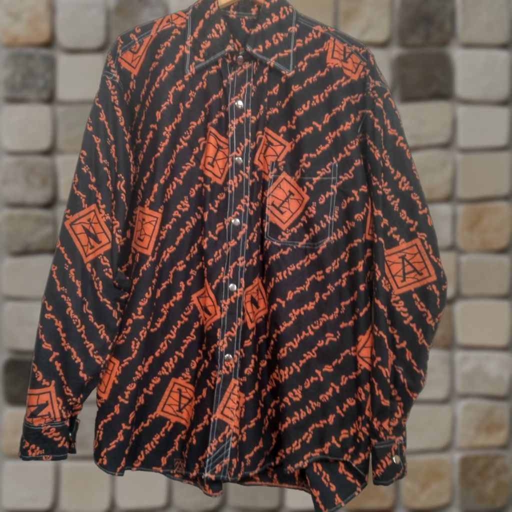 MadeMe Homemade African Tribal Print Shirt Men XL Black Orange Long Sleeve Snap Collar Shirts Button-Up Size US XL / EU 56 / 4 - 1 Thumbnail