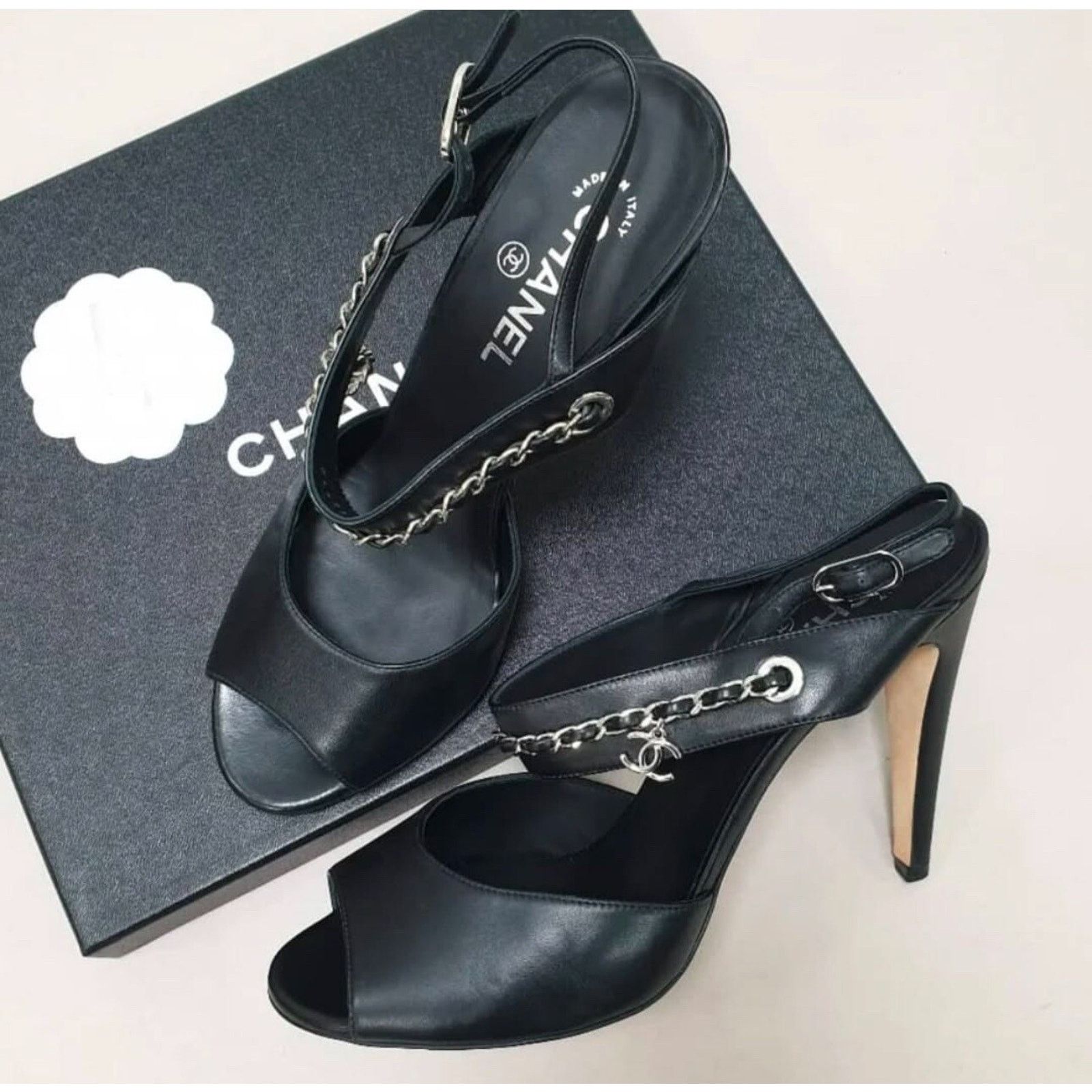 Chanel NWOB Chanel Black Silver Chain CC Heeled Sandals Sz.41 Size US 10 / IT 40 - 5 Thumbnail
