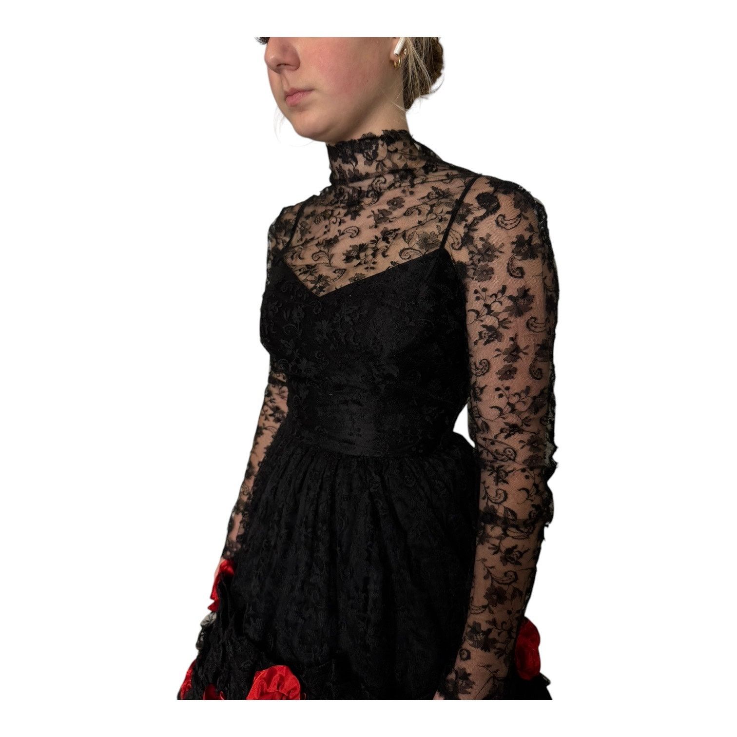 Vintage Vtg An original by DUSAUZAY black Lace Red Roses dress Size XS / US 0-2 / IT 36-38 - 15 Thumbnail