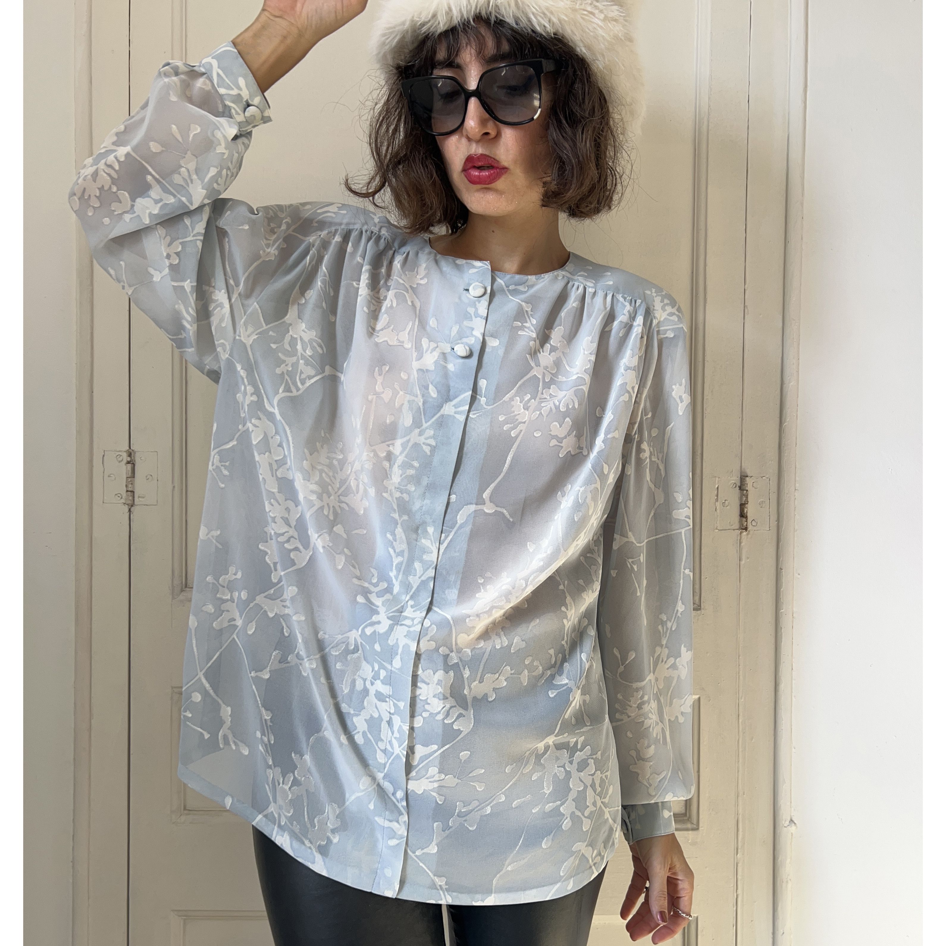 Vintage 80s Floral Semi Sheer Blouse