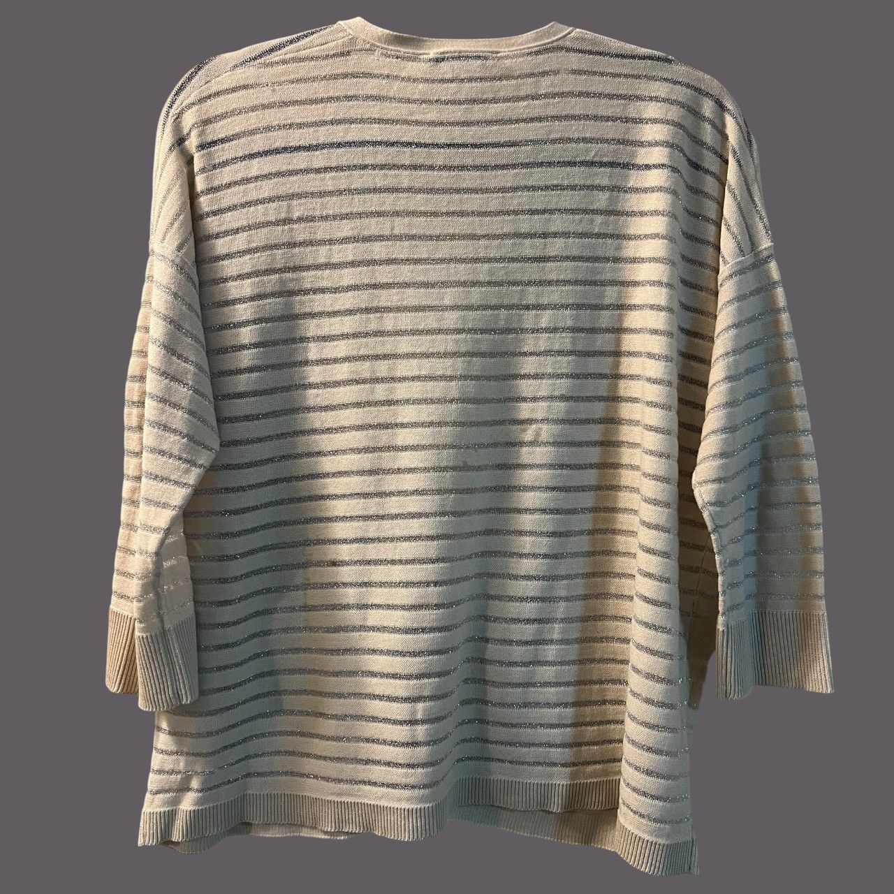 Other Joan Vass Cream Silver Metallic Stripe Lightweight Cardigan Size S / US 4 / IT 40 - 2 Thumbnail