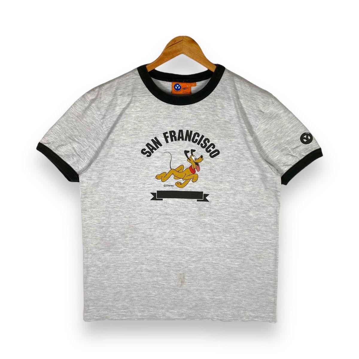 image of Beams Plus x Disney Beams X Disney Pluto San Francisco Ringer Tee in Grey, Men's (Size Large)