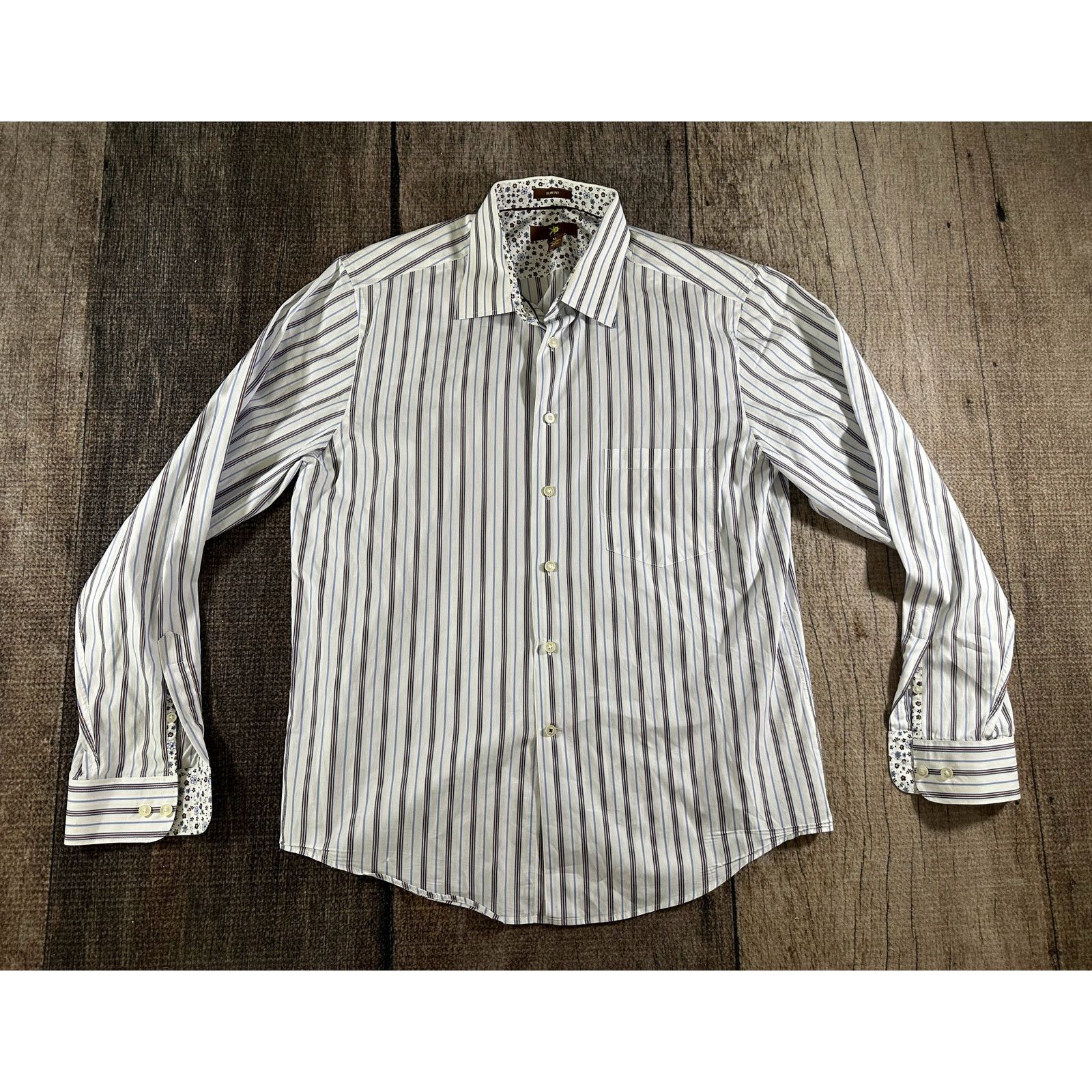 Egara Egara Dress Shirt Mens XL Slim Fit Blue Brown White Striped Size US XL / EU 56 / 4 - 2 Thumbnail