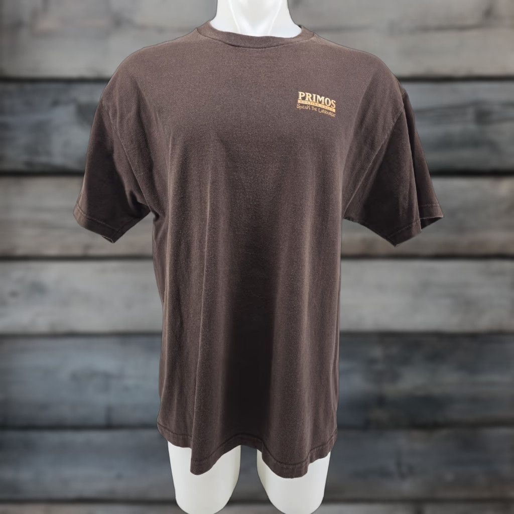 Vintage VINTAGE Primos Hunting Calls Brown T Shirt Predator XL Mens Short Sleeve Cotton Graphic Print Shirt XL Brown Predator 90s Size US XL / EU 56 / 4 - 1 Thumbnail
