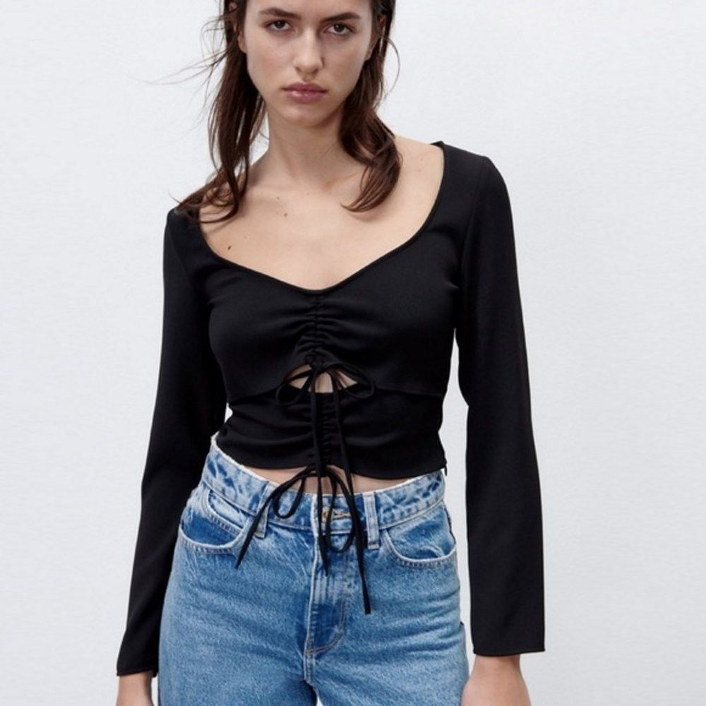 Zara New Zara Black Ruched Cut-out Top Blouse Size S Size S / US 4 / IT 40 - 1 Thumbnail