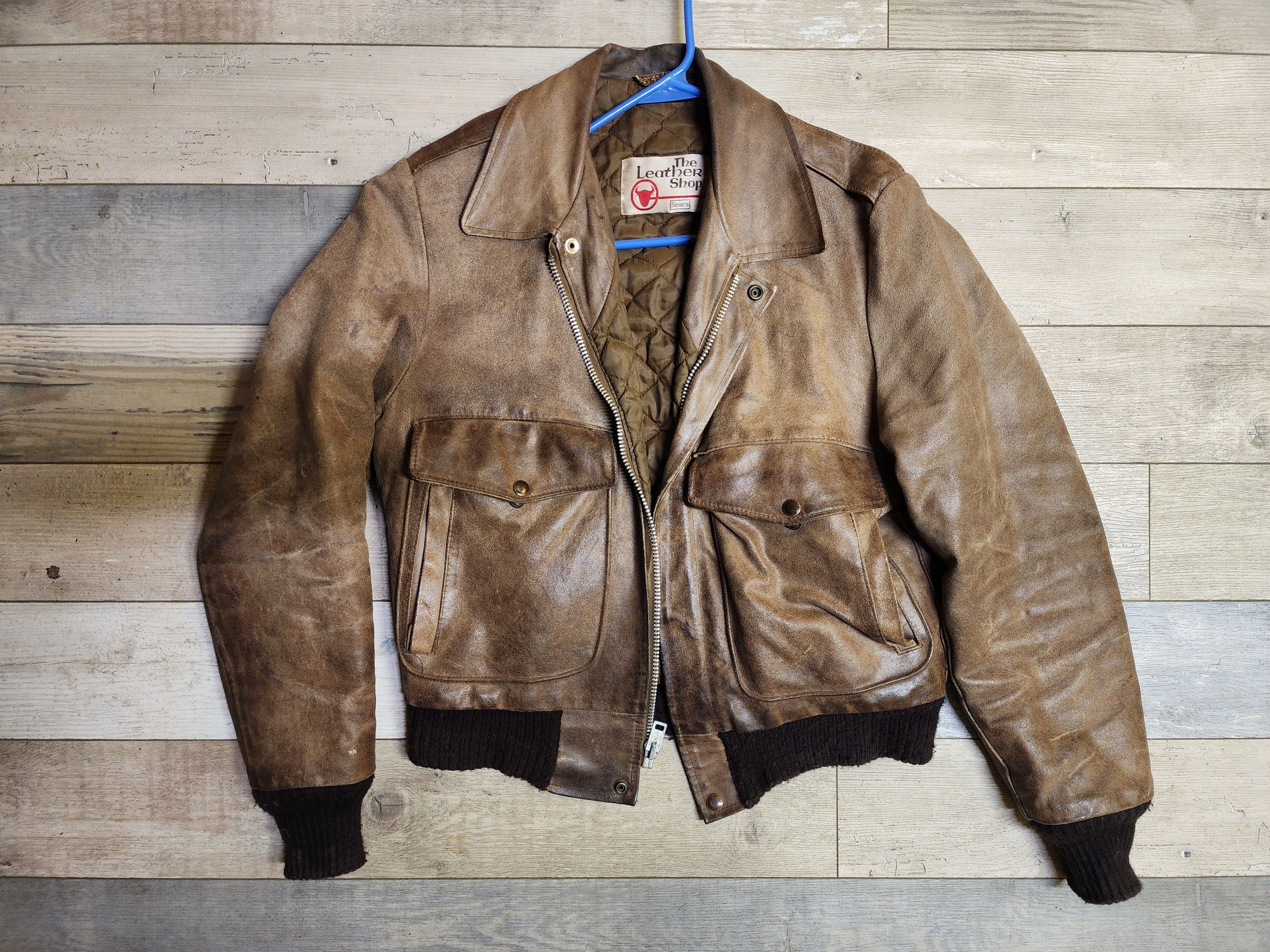 Image of Vintage 1970S Sears Brown Leather Motorcycle Bomber Jacket, Men's (Size Small)