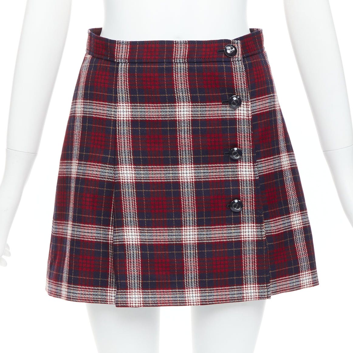 Dior DIOR 2021 red navy virgin wool plaid silk lined A-line skirt FR34 XS Size 26" / US 2 / IT 38 - 1 Thumbnail