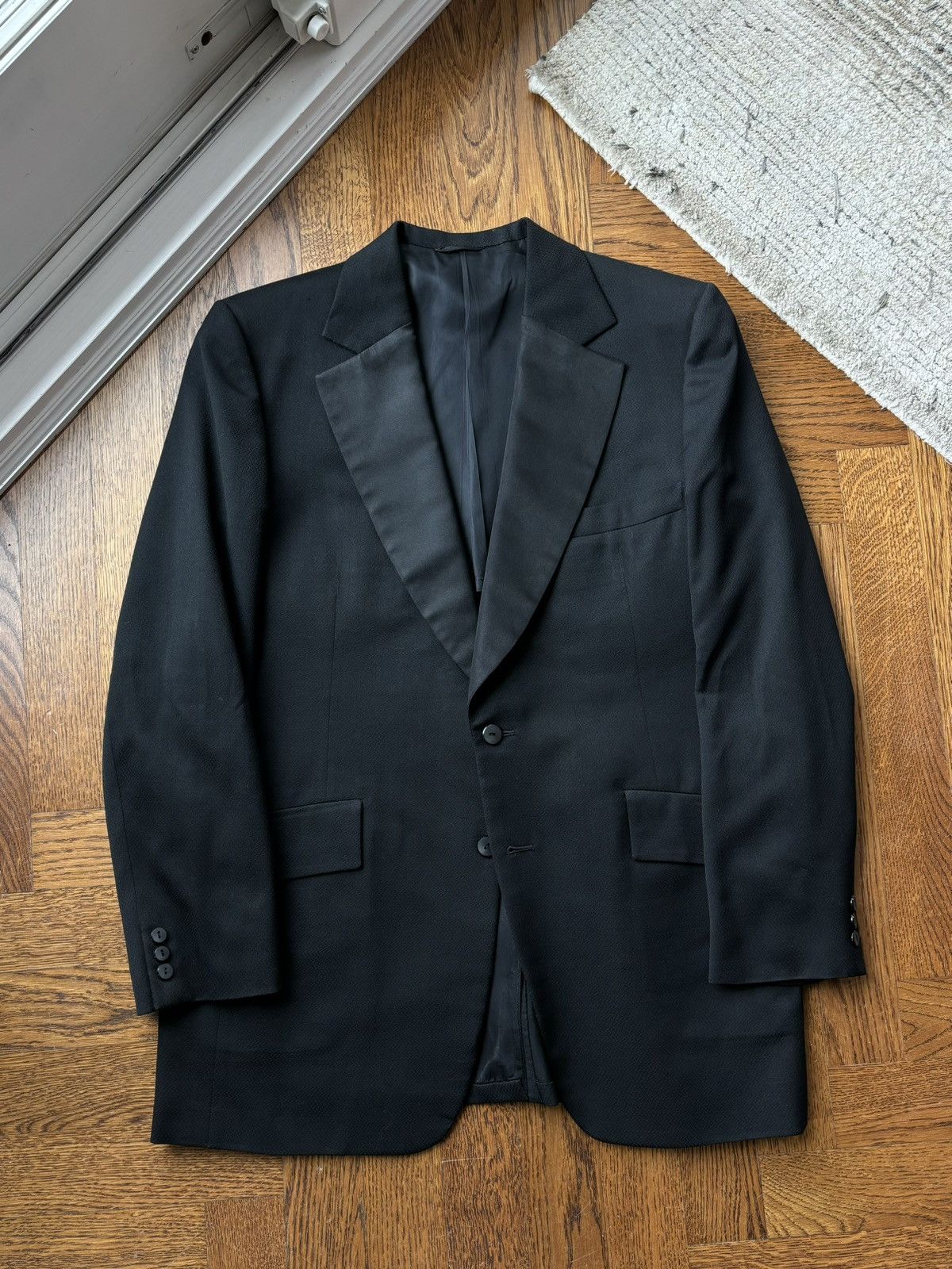 Vintage 1970s Two Piece Suit Vintage Suspender Pants Satin Lapel Size 50R - 2 Thumbnail