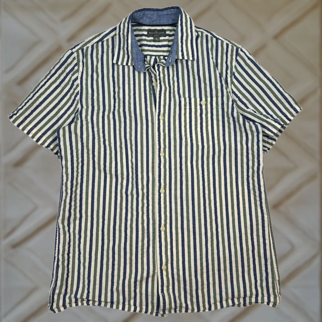Vintage L.L. Bean Signature Mens Slim Fit Camp Shirt Short Sleeve Button Up Blue Striped Med Size US M / EU 48-50 / 2 - 1 Thumbnail
