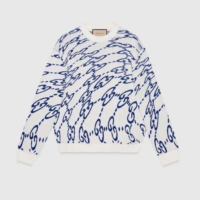 o1s1wg111025 Wavy GG Cotton Sweater in White & Blue