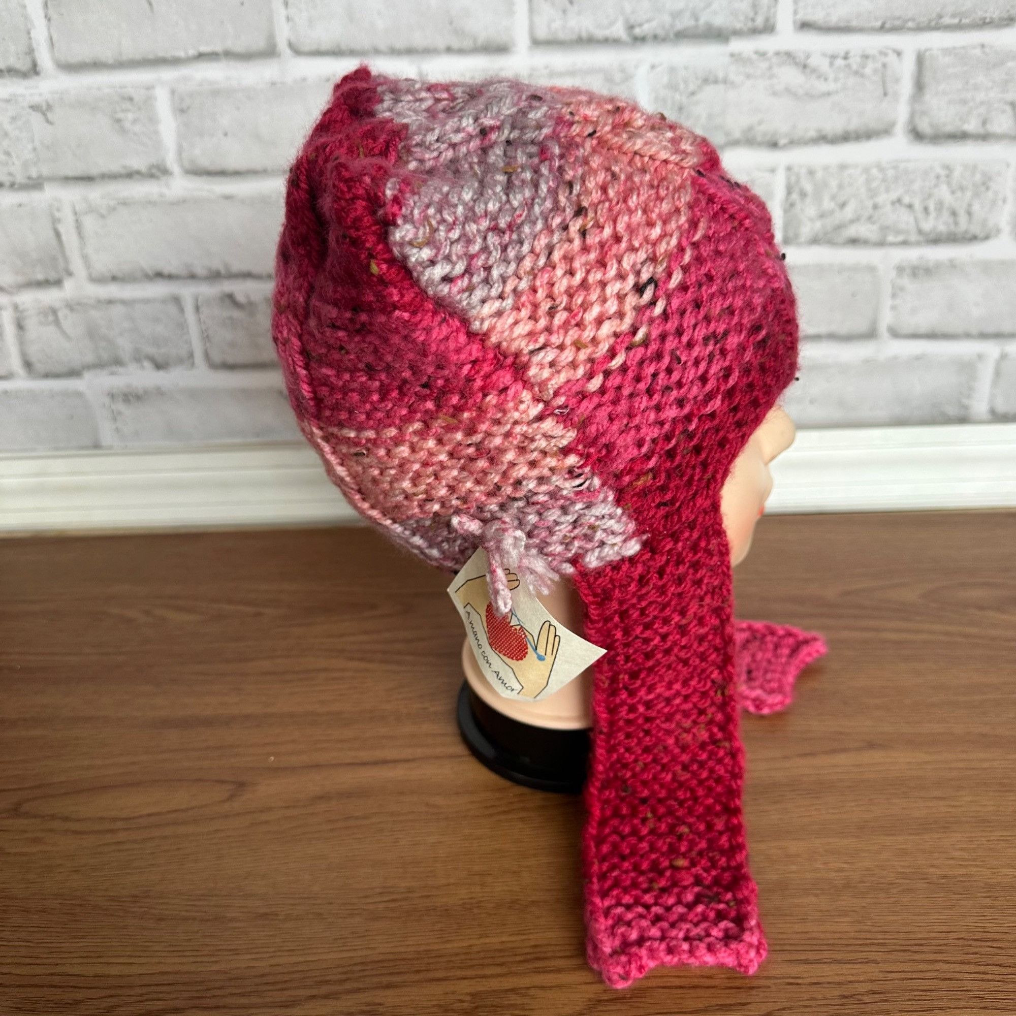 Handmade ⭐ Silky Hand-Knit Pink Cat Ear Earflap Winter Hat Handmade C Size ONE SIZE - 3 Thumbnail