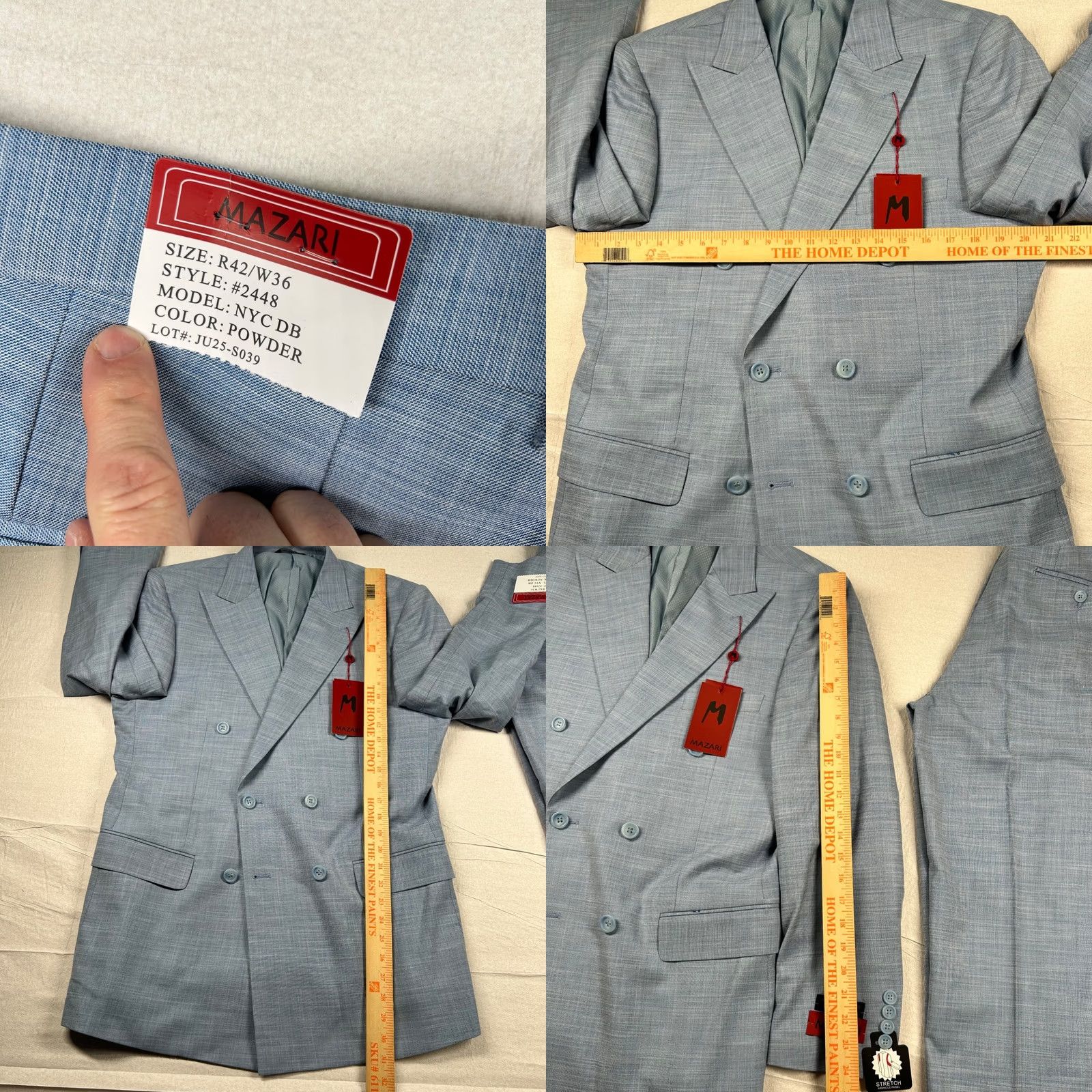 Vintage Mazari Suit Men 42R 36W Peak Lapel Performance Stretch Powder Blue Double Breast 2 Piece Size 42R - 10 Thumbnail