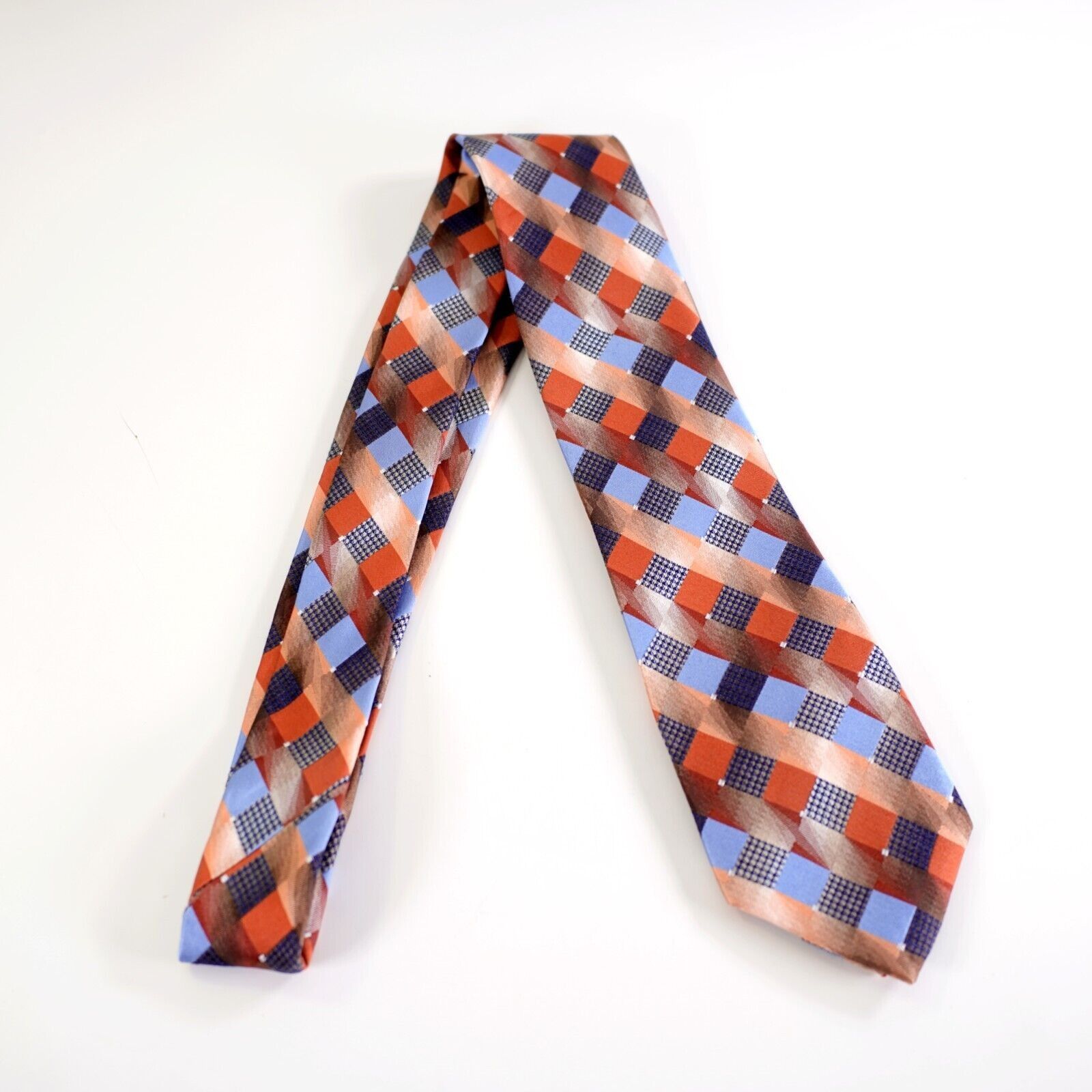 Van Heusen Van Heusen Orange Blue Woven Check Plaid Lyocell Silk Tie Size ONE SIZE - 6 Thumbnail