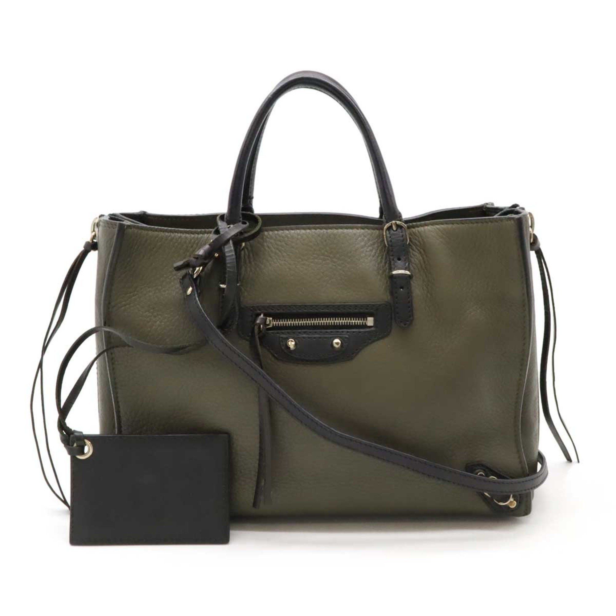 Balenciaga Paper A6 Zip Around Handbag Tote Bag 2 Tone Leather Khaki Green Black 370926, Women's