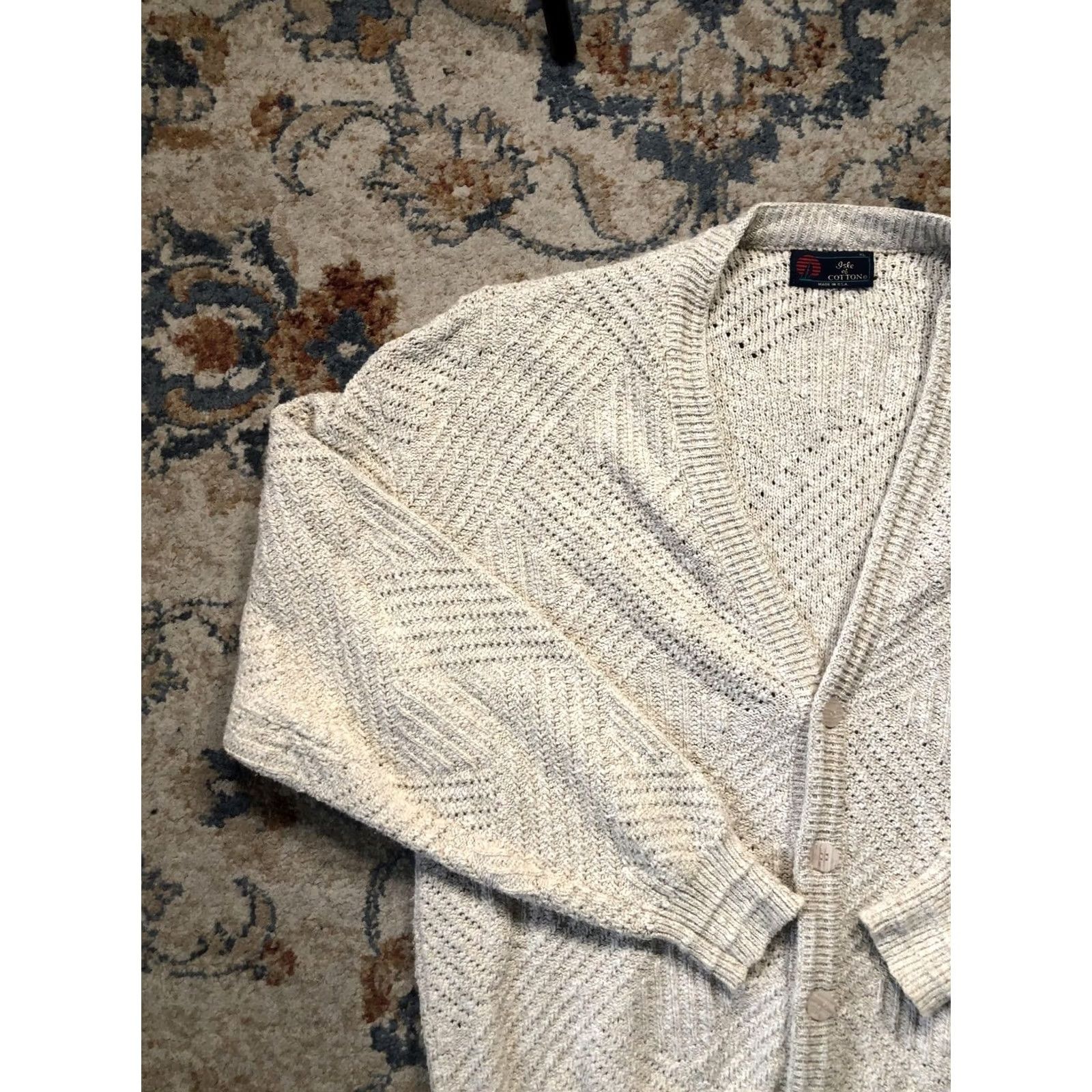 Vintage VINTAGE Isle of Cotton Cardigan Shirt XL Beige Knit Button Geometric Open-Knit V-Neck Mens 80s Size US XL / EU 56 / 4 - 3 Thumbnail