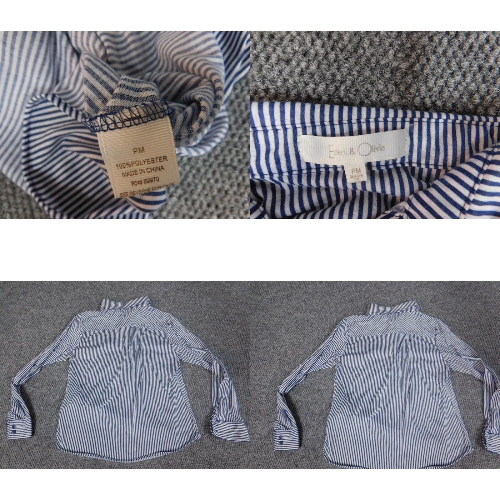 Vintage Eden & Olivia Blouse Womens Petites PM Dolman Long Sleeve Blue Striped Collared Pullover Casual Regular Stretch Dog Theme Viscose Down Size M / US 6-8 / IT 42-44 - 8 Thumbnail