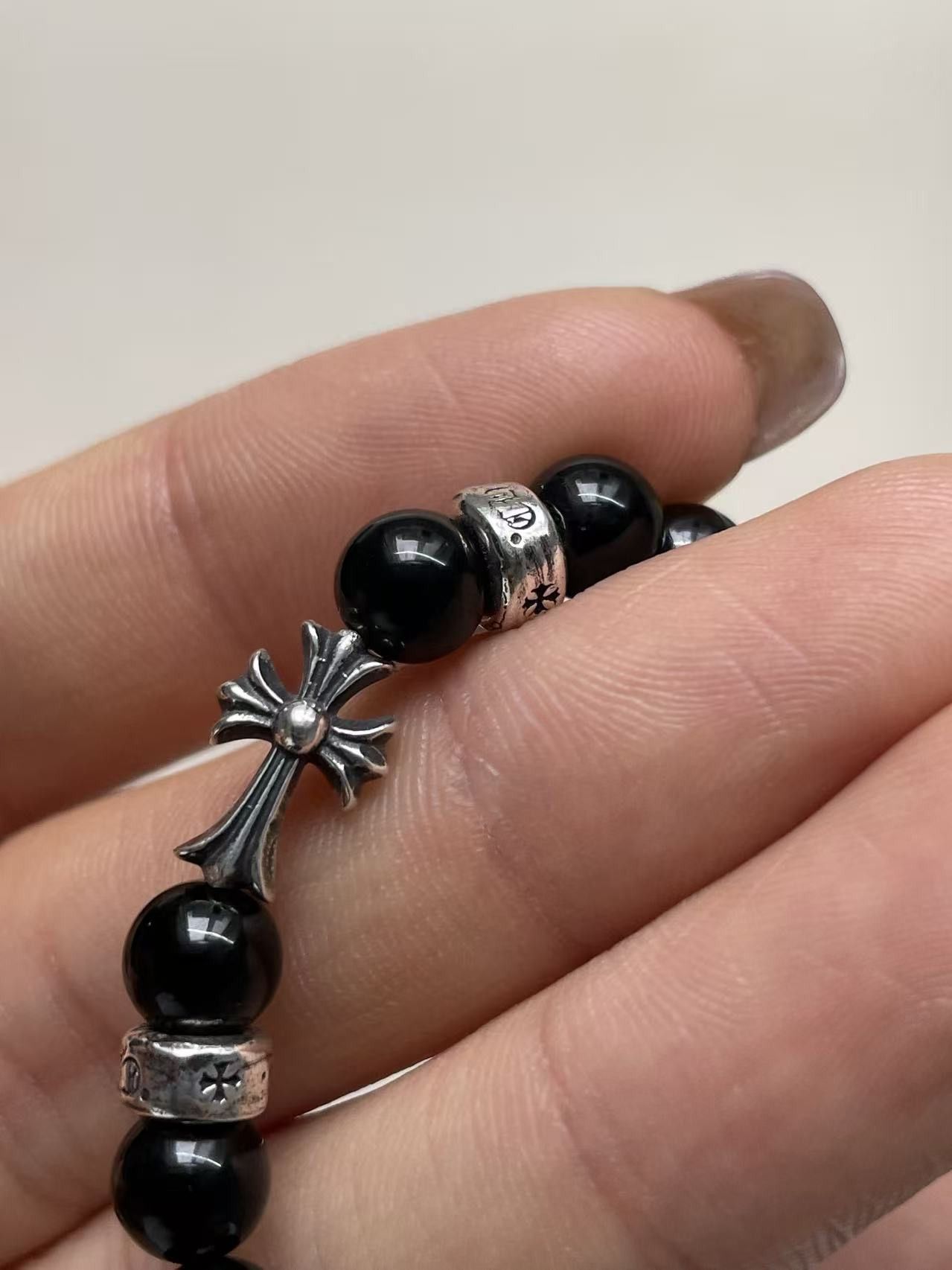 Chrome Hearts Chrome Hearts 6mm Obsidian 3 Silver Cross Bracelet Size ONE SIZE - 8 Thumbnail